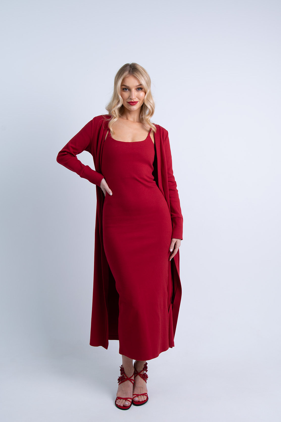 Nudyess Lily kardigan długi Red prążkowany