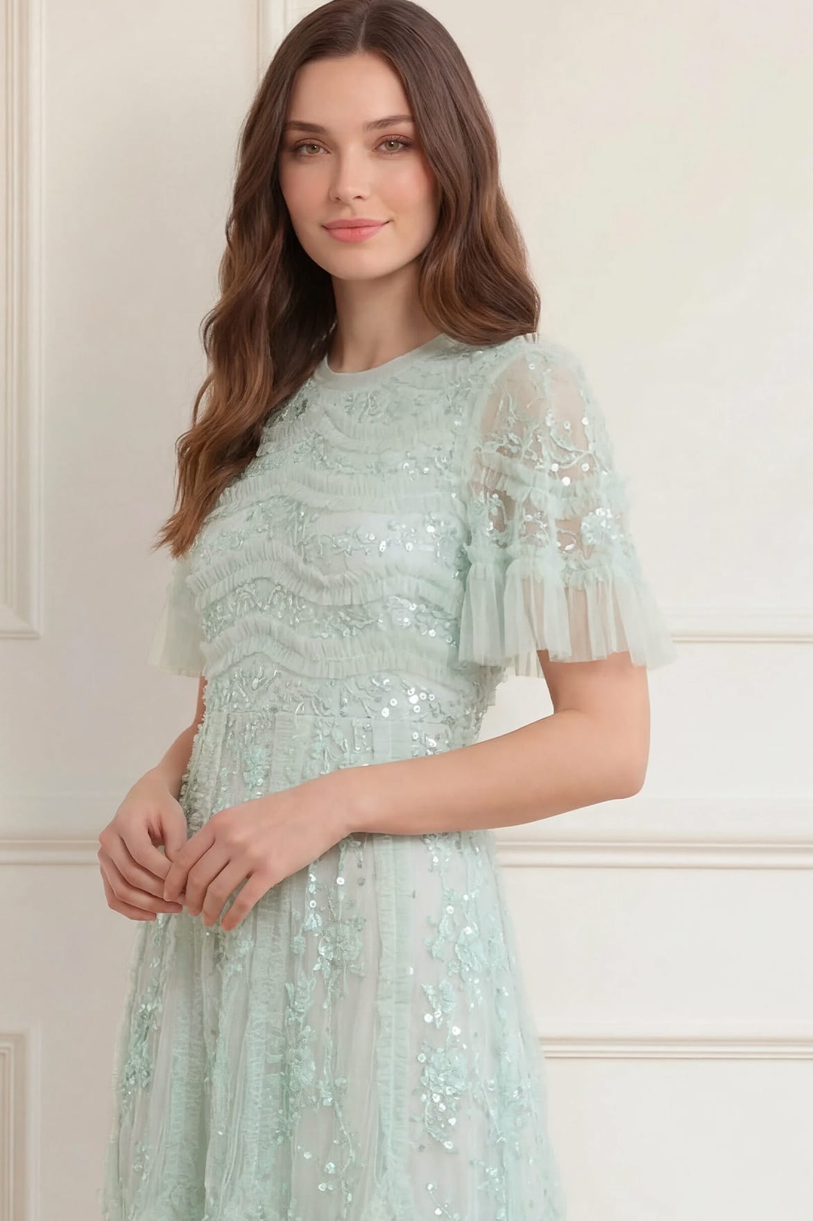 Needle & Thread Gianna Ruffle Short Sleeve Ankle Gown sukienka zielona