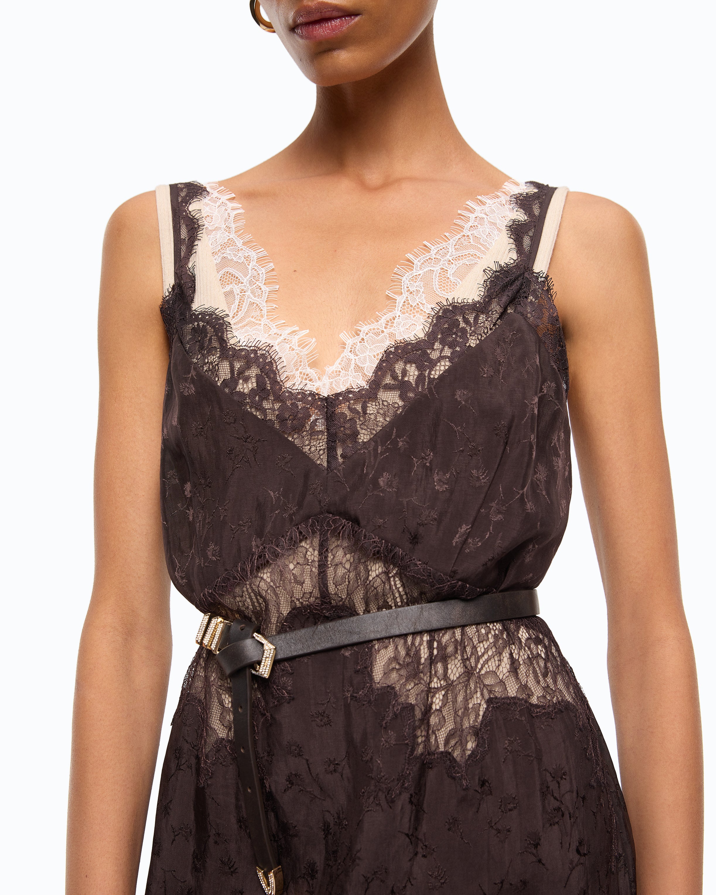 Pinko Aster Dress sukienka midi brązowa halkowa z koronką