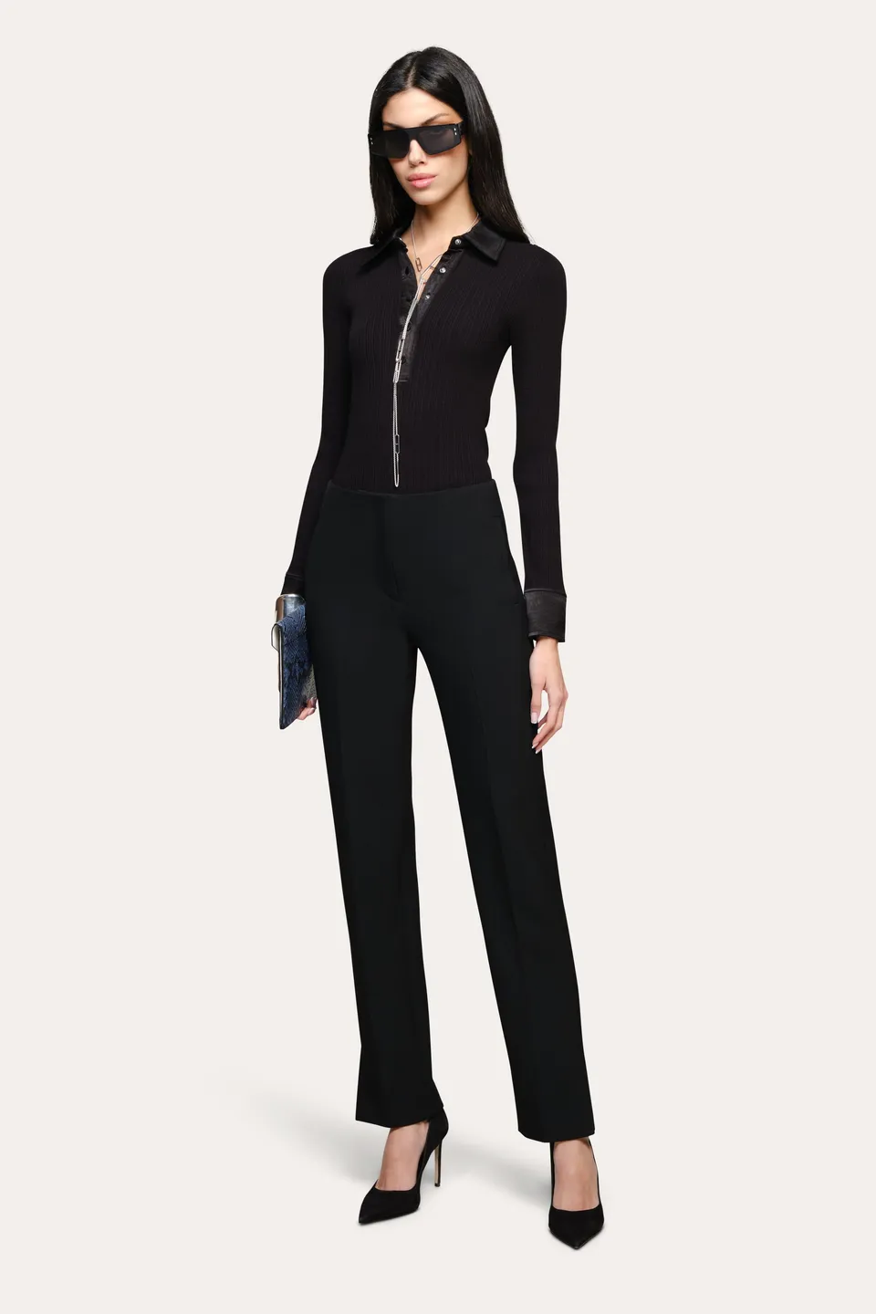 Elie Tahari Gemma Knit Polo sweter czarny długi rękaw