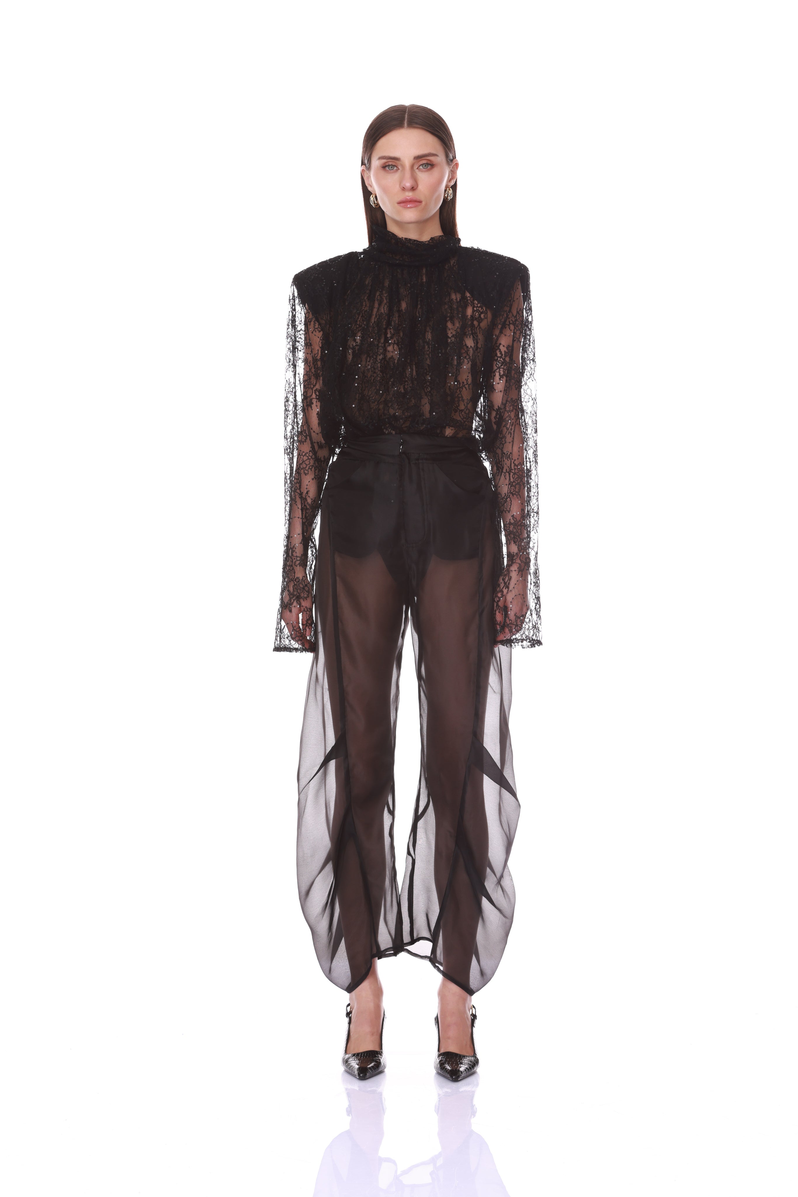 Bronx and Banco Sequin Lace body czarne z długim rękawem