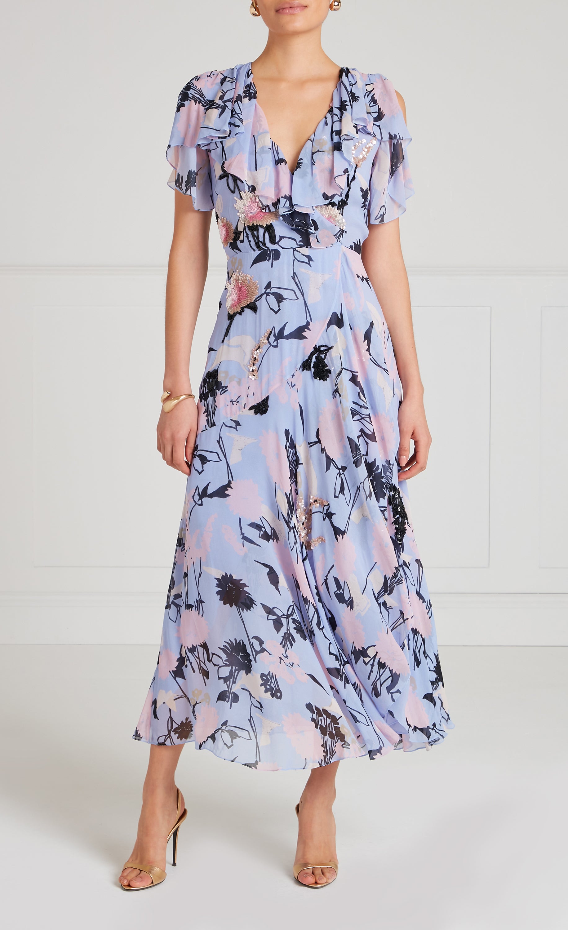 Temperley London Maisie Wrap Dress sukienka lawendowa cekinowa