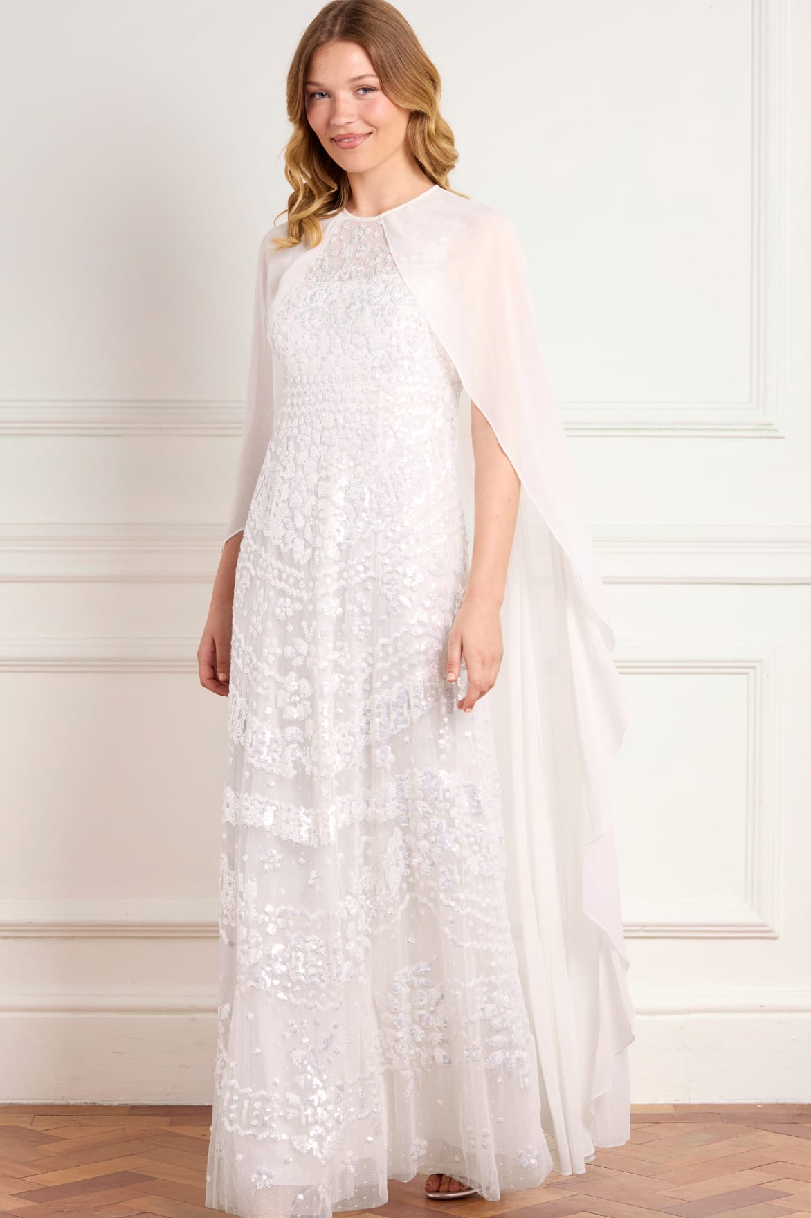 Needle & Thread Anais Sequin Cape Gown suknia biała