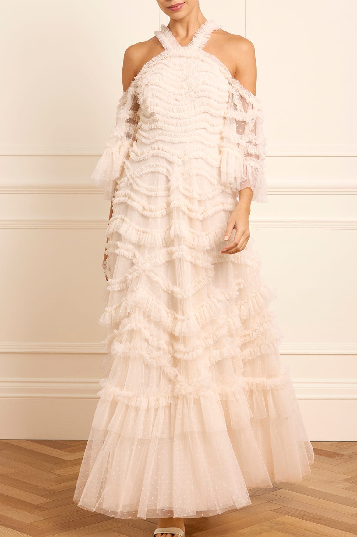 Needle & Thread Bronte Off-Shoulder Gown sukienka kremowa falbany