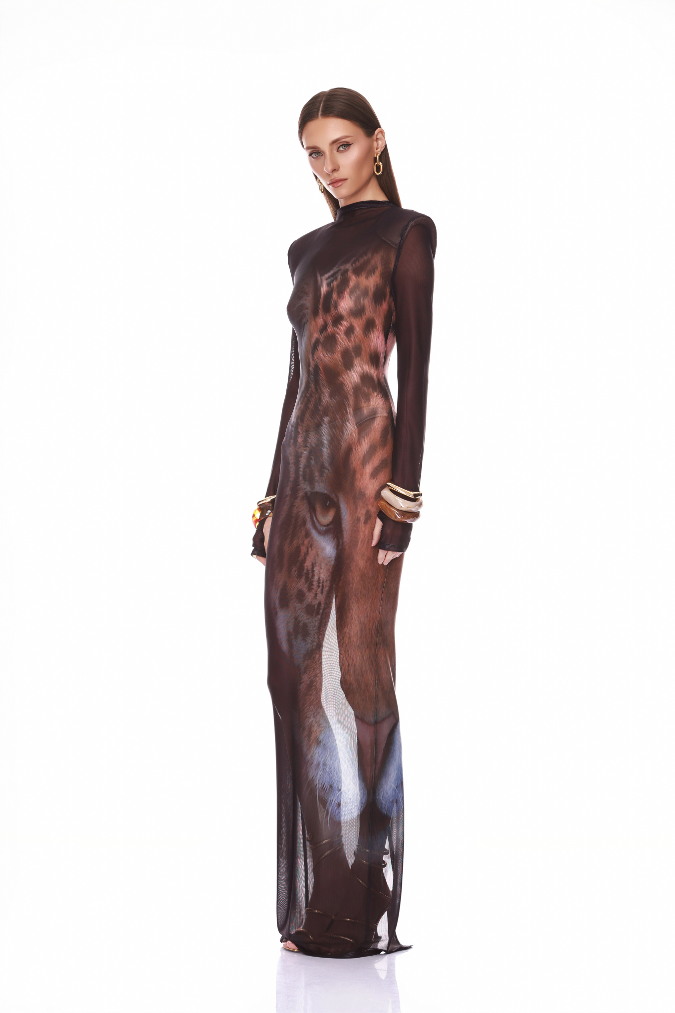 Bronx and Banco Leopard sukienka wieczorowa maxi mesh