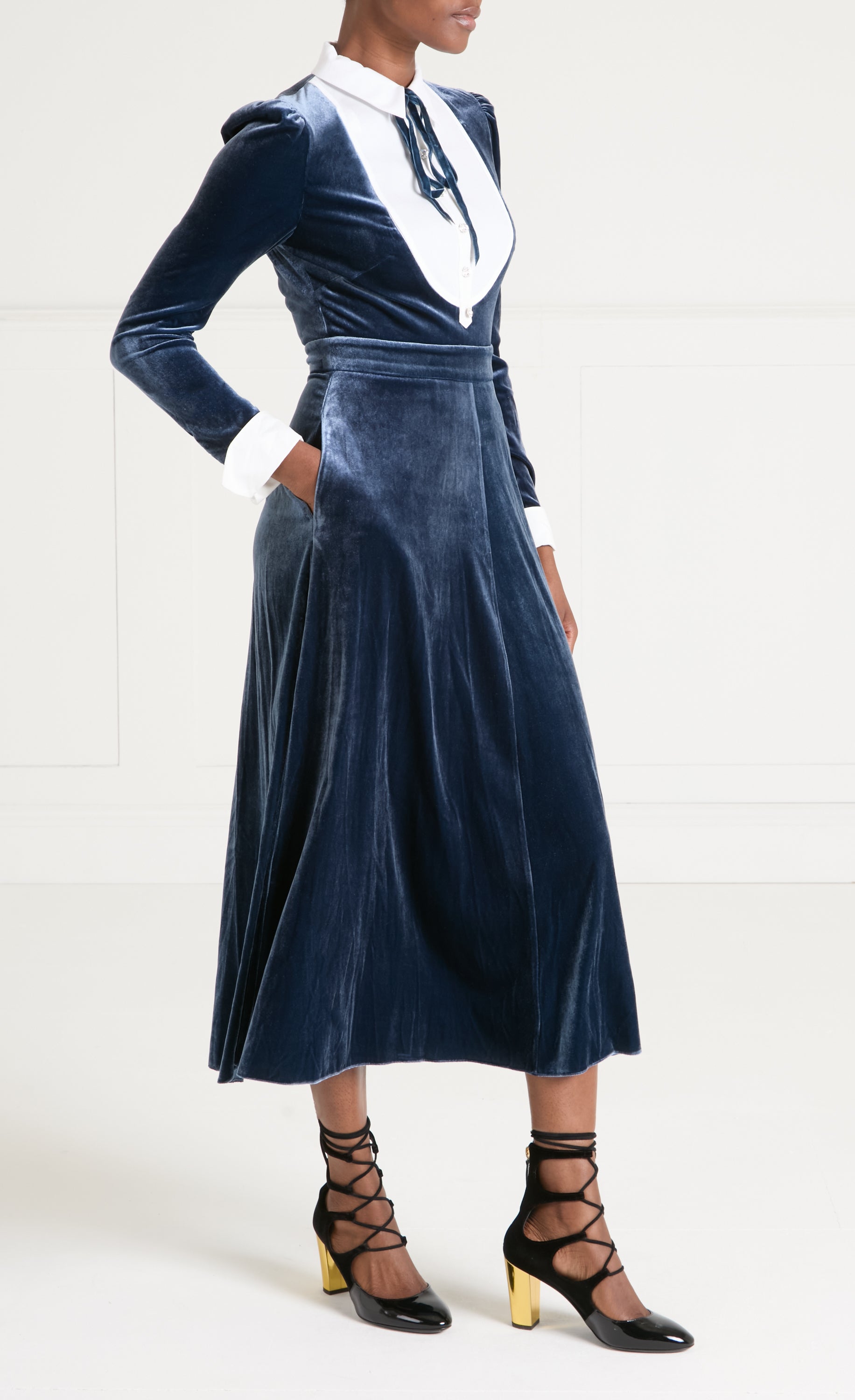 Temperley London Pompidou sukienka Slate Blue midi aksamit