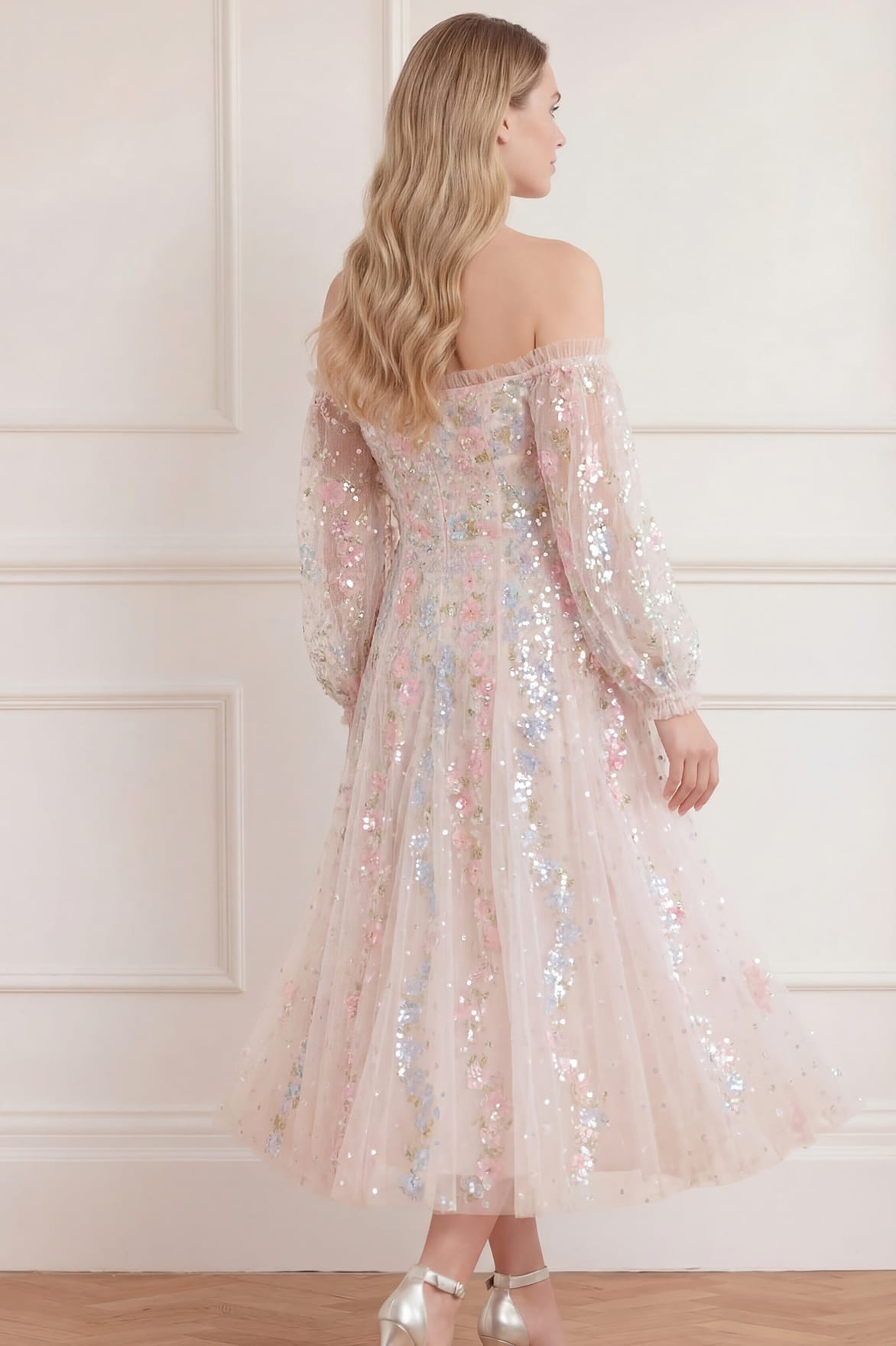 Needle & Thread Confetti Gloss Off-Shoulder Ballerina sukienka kremowa