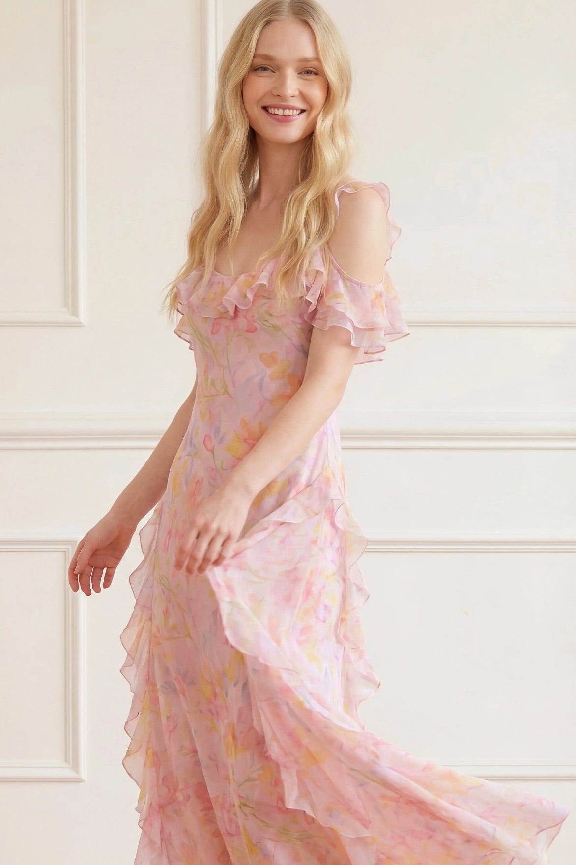 Needle & Thread Floating Freesias Georgette Cami Gown sukienka różowa