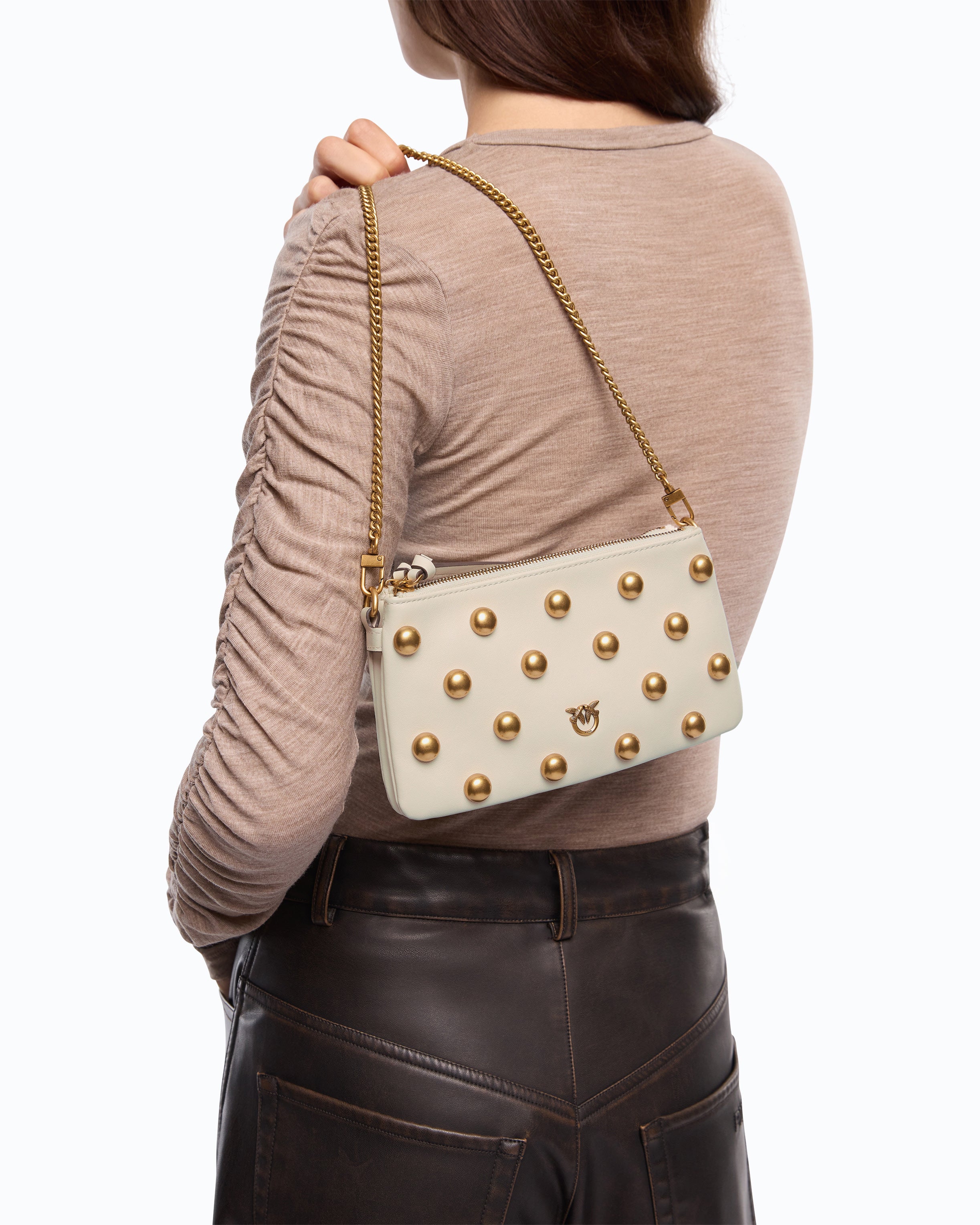 Pinko Double Mini torebka skórzana bíala ćwieki