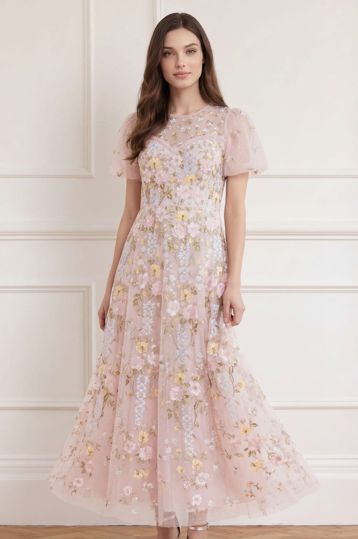 Needle & Thread Garden Rose Ankle Gown sukienka różowa haftowana