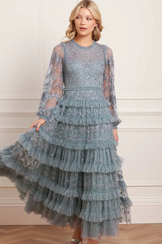 Needle & Thread Blossom Lace Ankle Gown sukienka niebieska tiulowa