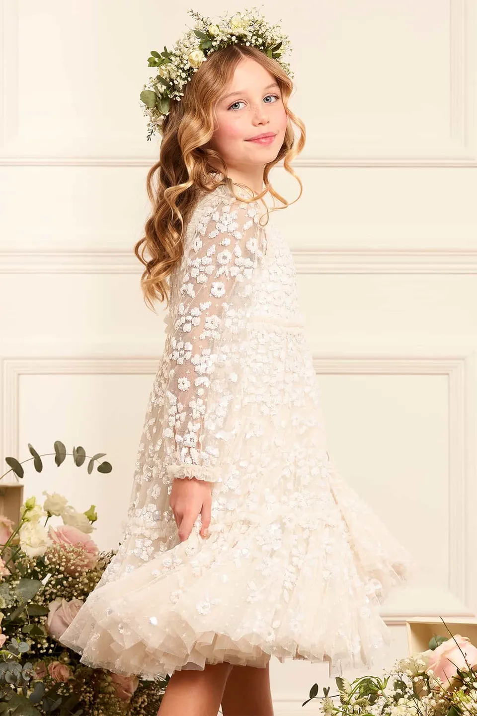 Needle & Thread Maeva Long Sleeve Kids Dress sukienka kremowa