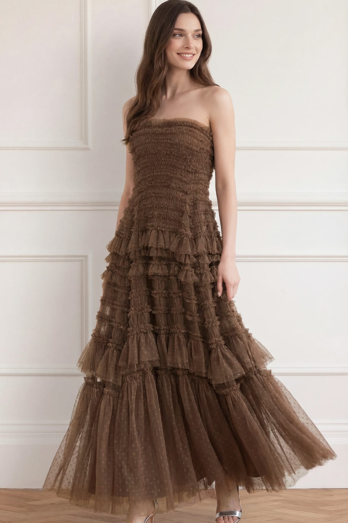 Needle & Thread Valentine Ruffle Strapless Gown sukienka brązowa