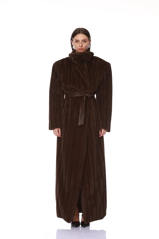 Bronx and Banco Faux Fur płaszcz futro dark brown pasek