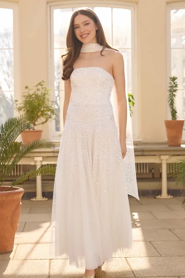 Needle & Thread Sunrise Sequin Strapless Cape Gown suknia biała cekinowa