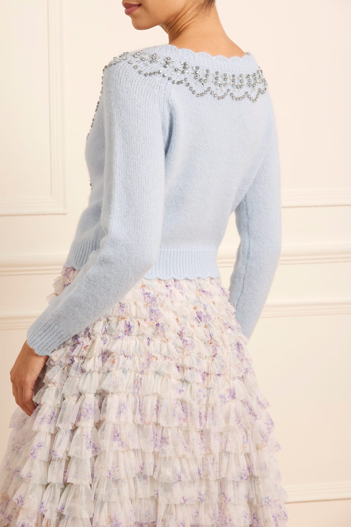 Needle & Thread Embellished V-Neck Short Cardigan sweter Blue