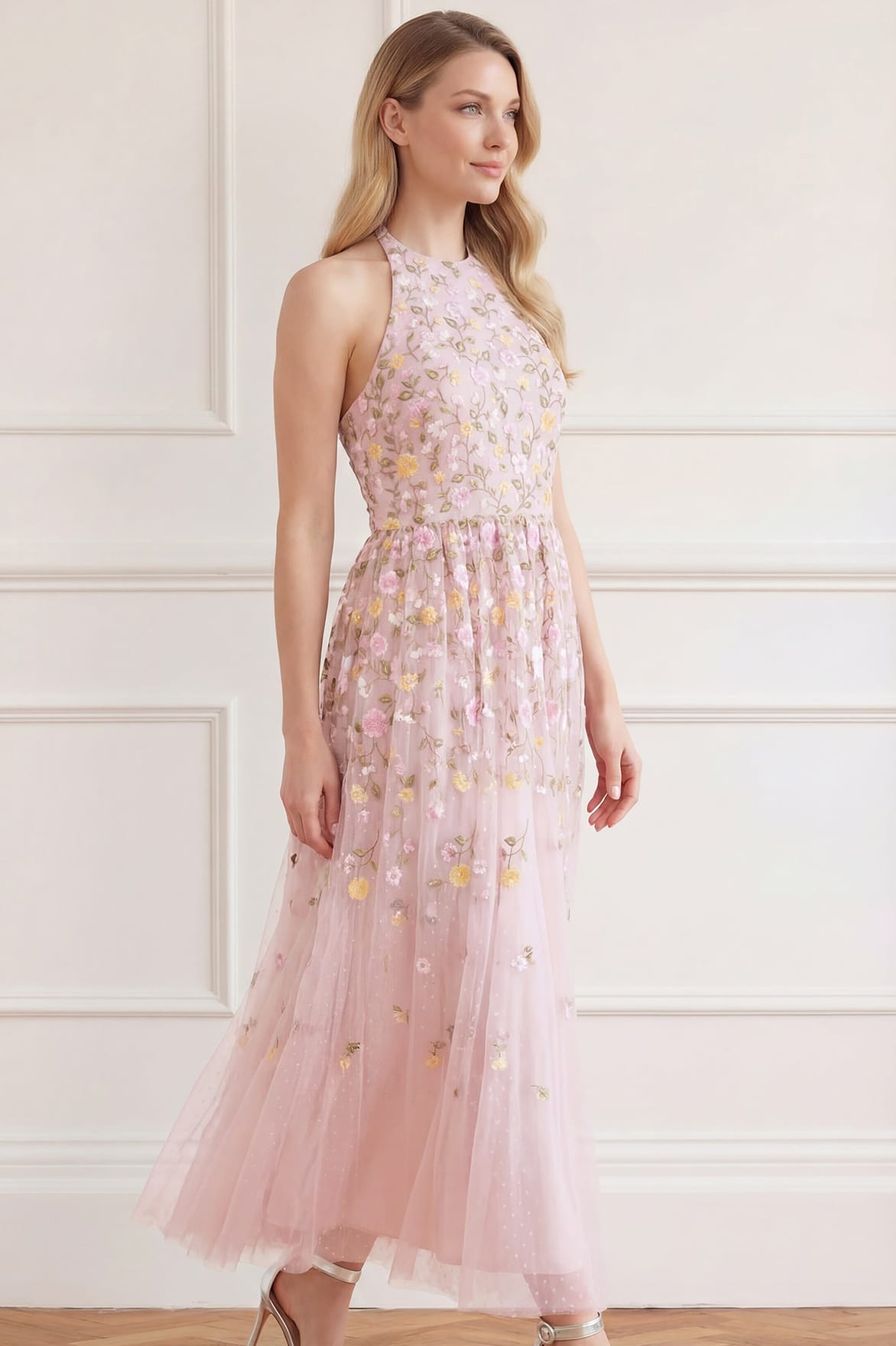 Needle & Thread Trailing Roses Halter Gown suknia różowa z haftem