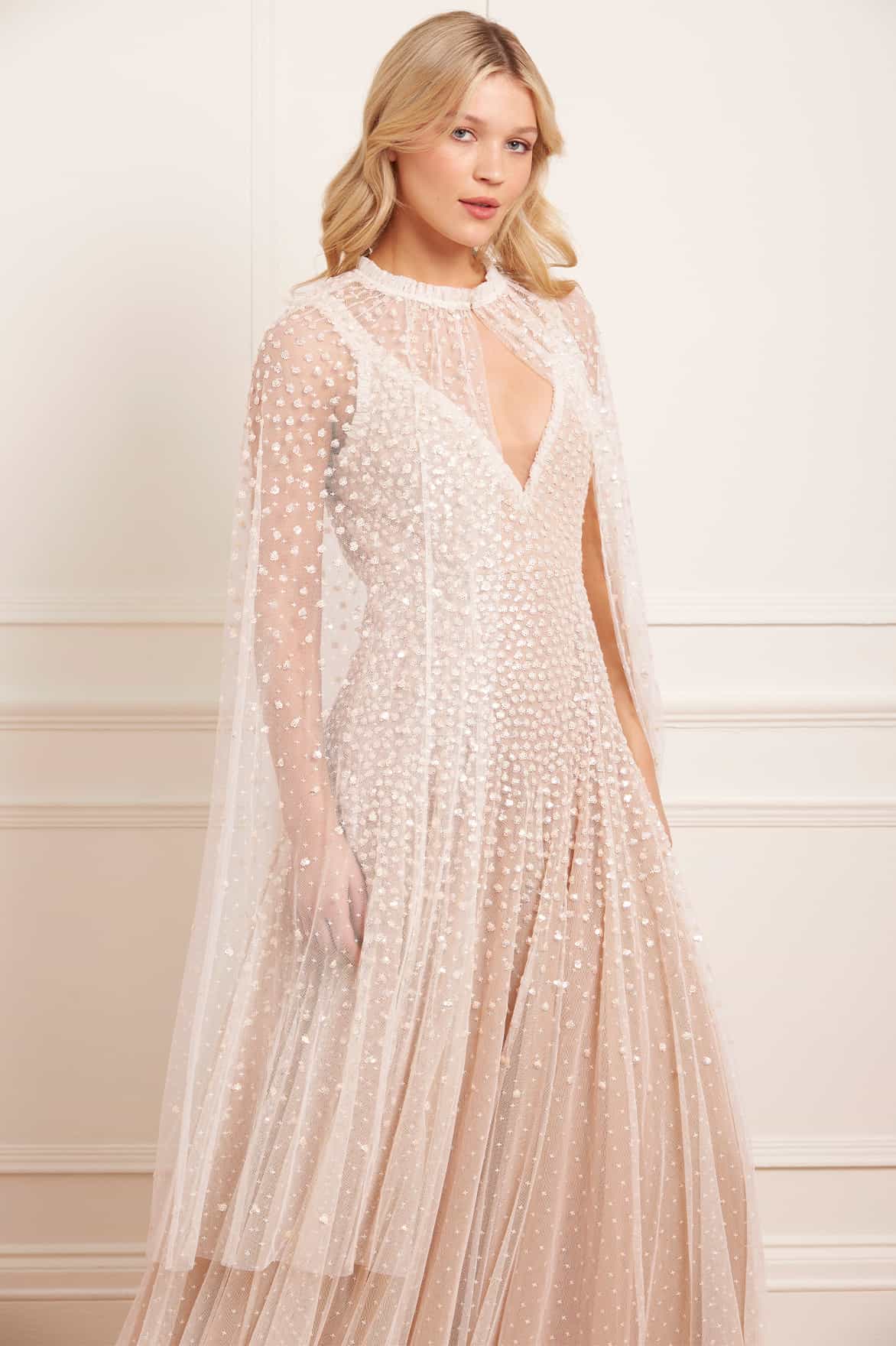 Needle & Thread Sequin Cascade Midaxi Open Cape kremowa