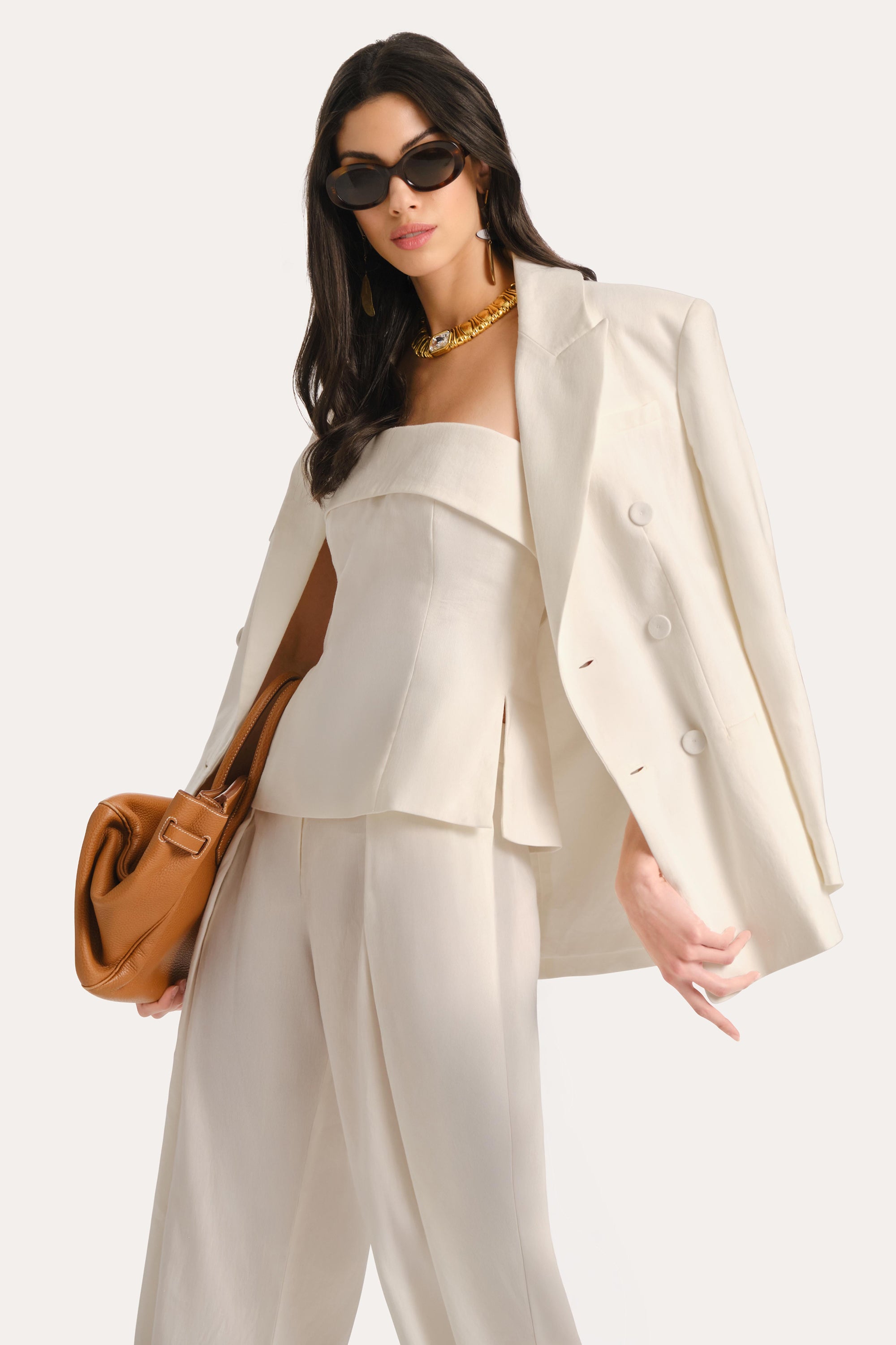 Elie Tahari Linda lniany top bez ramiączek perłowy