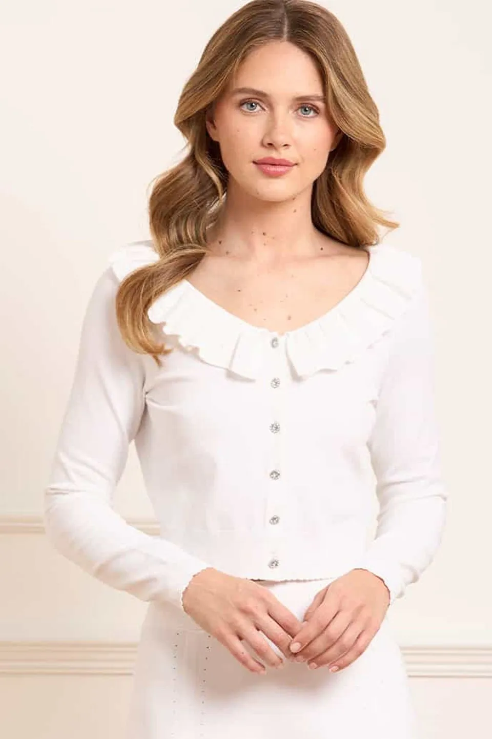 Needle & Thread Pointelle Trim Knit kardigan kremowy krótki