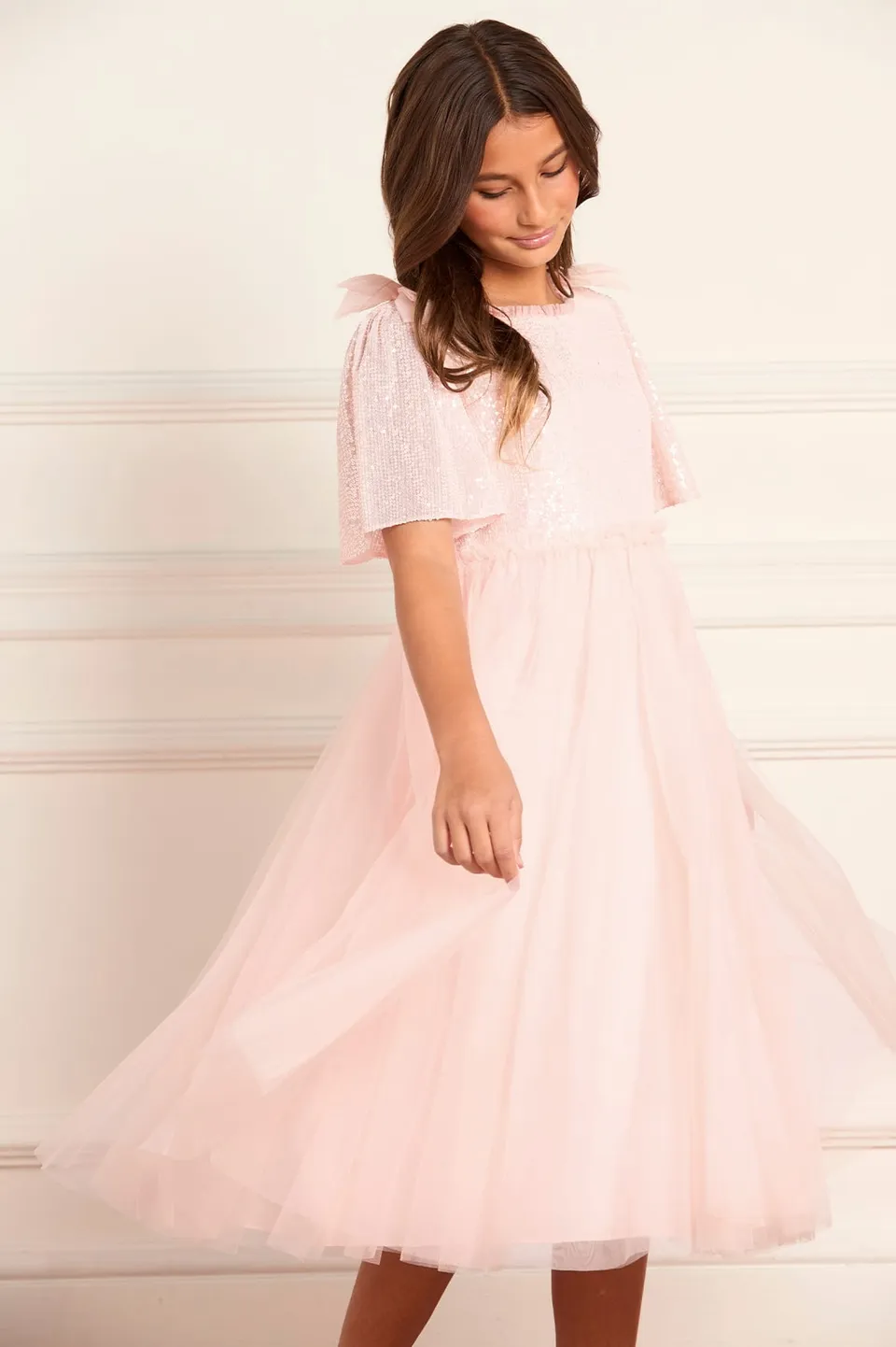 Needle & Thread Paloma Bow Kids Dress sukienka beżowa z kokardą