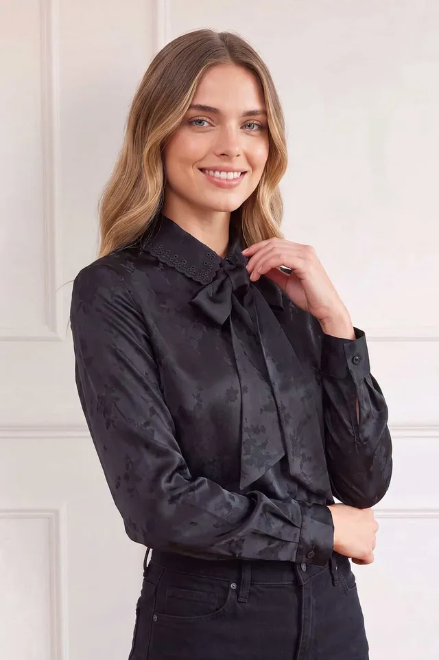 Needle & Thread Jacquard Pussy Bow Shirt koszula czarna żakard