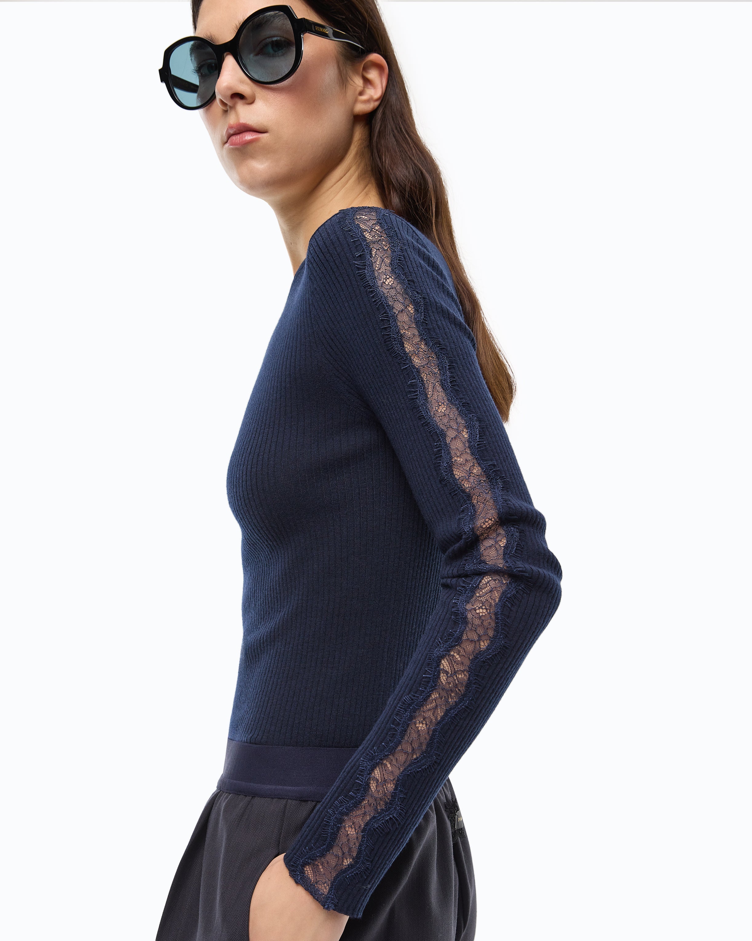 Pinko Copenaghen Sweater sweter niebieski koronka