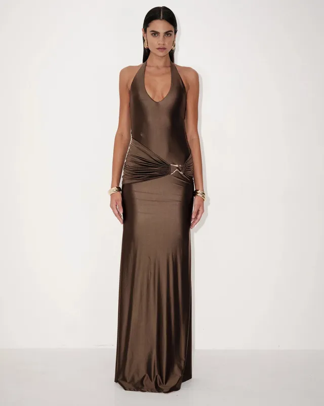 Delfi Collective Soraya sukienka wieczorowa Chocolate satynowa