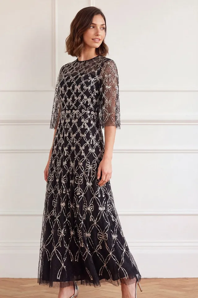 Needle & Thread Bow Lattice Round Neck Ankle Gown sukienka czarna
