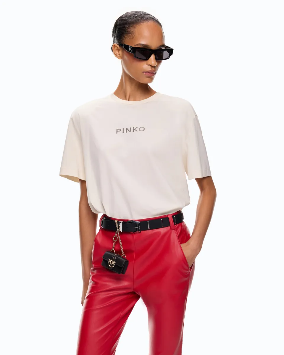 Pinko Strepitoso Too Glam T-shirt beżowy z kryształkami