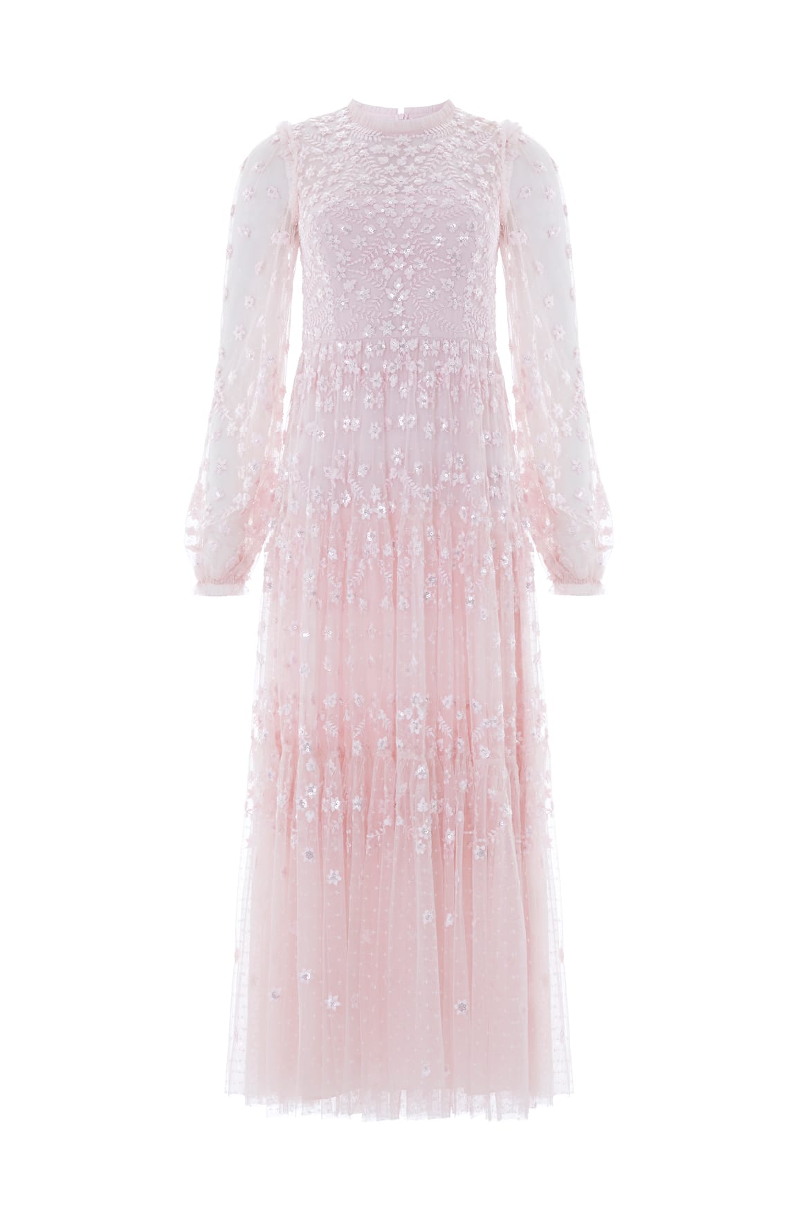 Needle & Thread Clover Long Sleeve Ankle Gown sukienka różowa haftowana