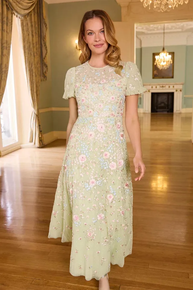 Needle & Thread Peony Bouquet Round Neck Ankle Gown suknia zielona
