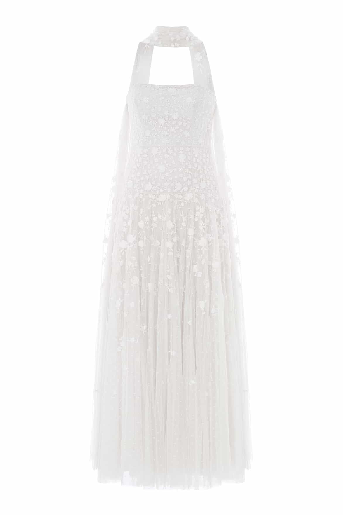 Needle & Thread Lea Ditsy Strapless Cape Gown sukienka biała haftowana