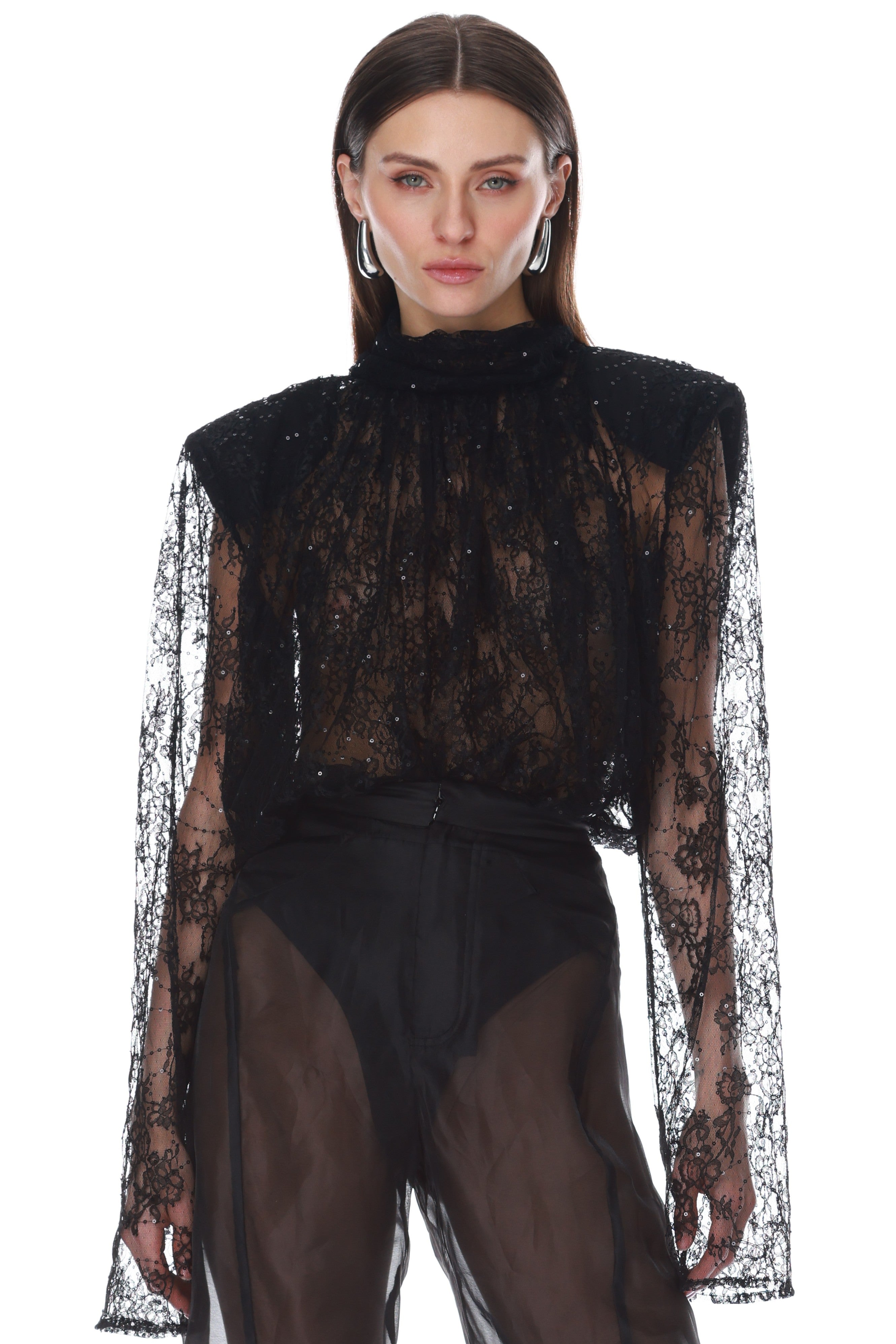 Bronx and Banco Sequin Lace body czarne z długim rękawem