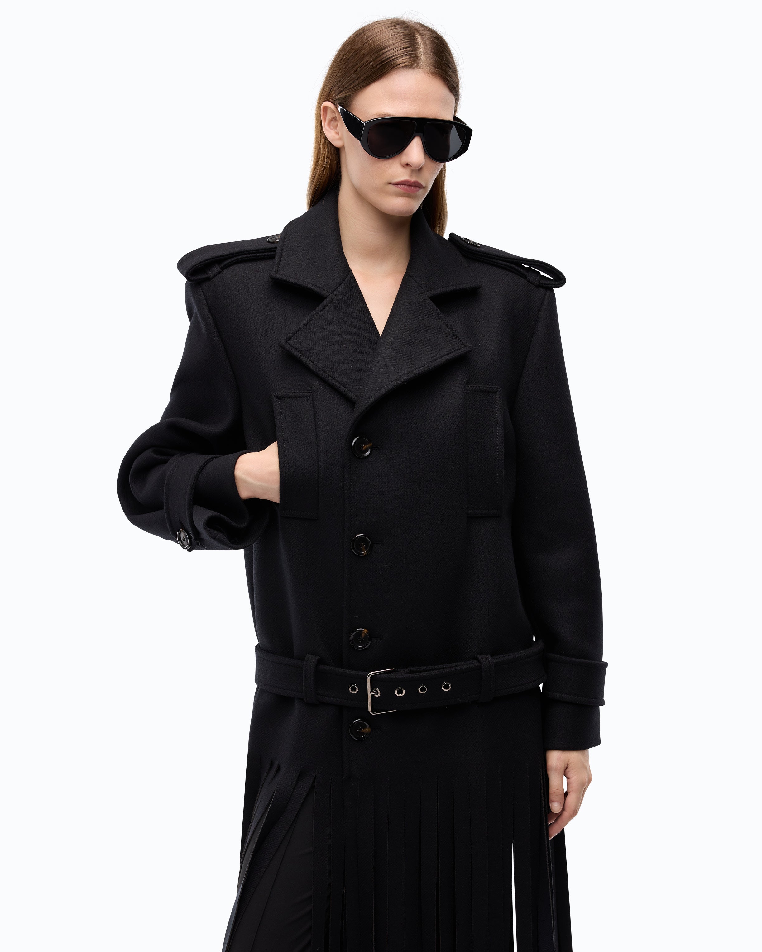 Pinko Testarossa Coat płaszcz czarny z frędzlami