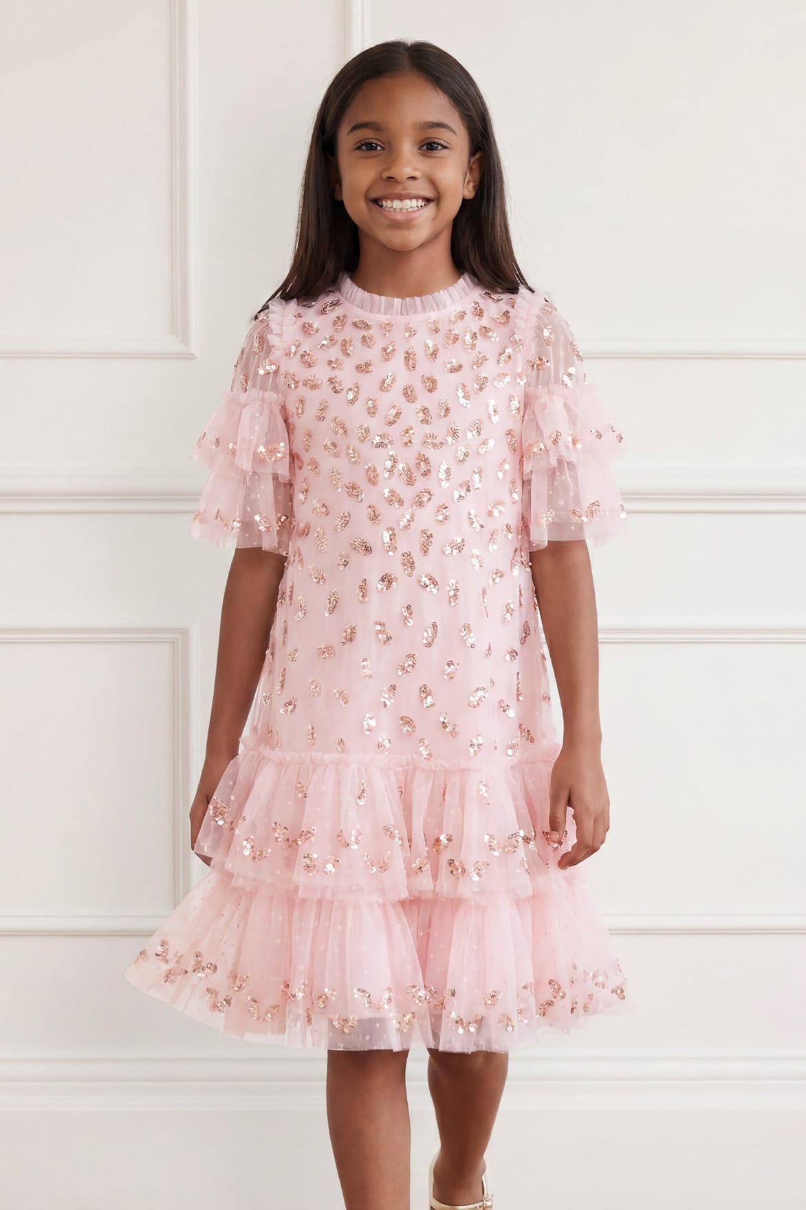 Needle & Thread Autumn Leaves Kids Dress sukienka różowa cekinowa