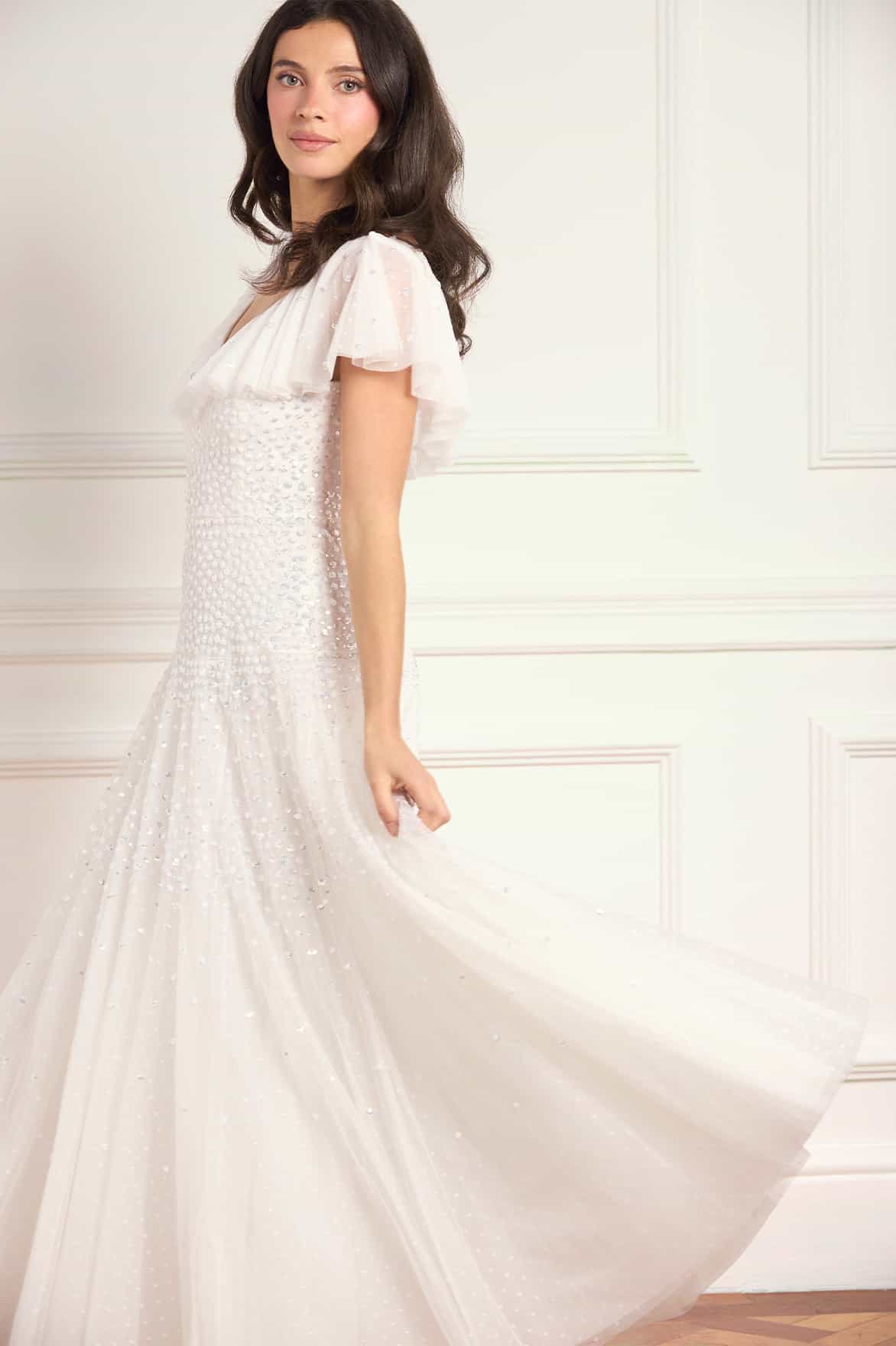 Needle & Thread Sunrise Sequin V-Neck Ankle Gown sukienka biała
