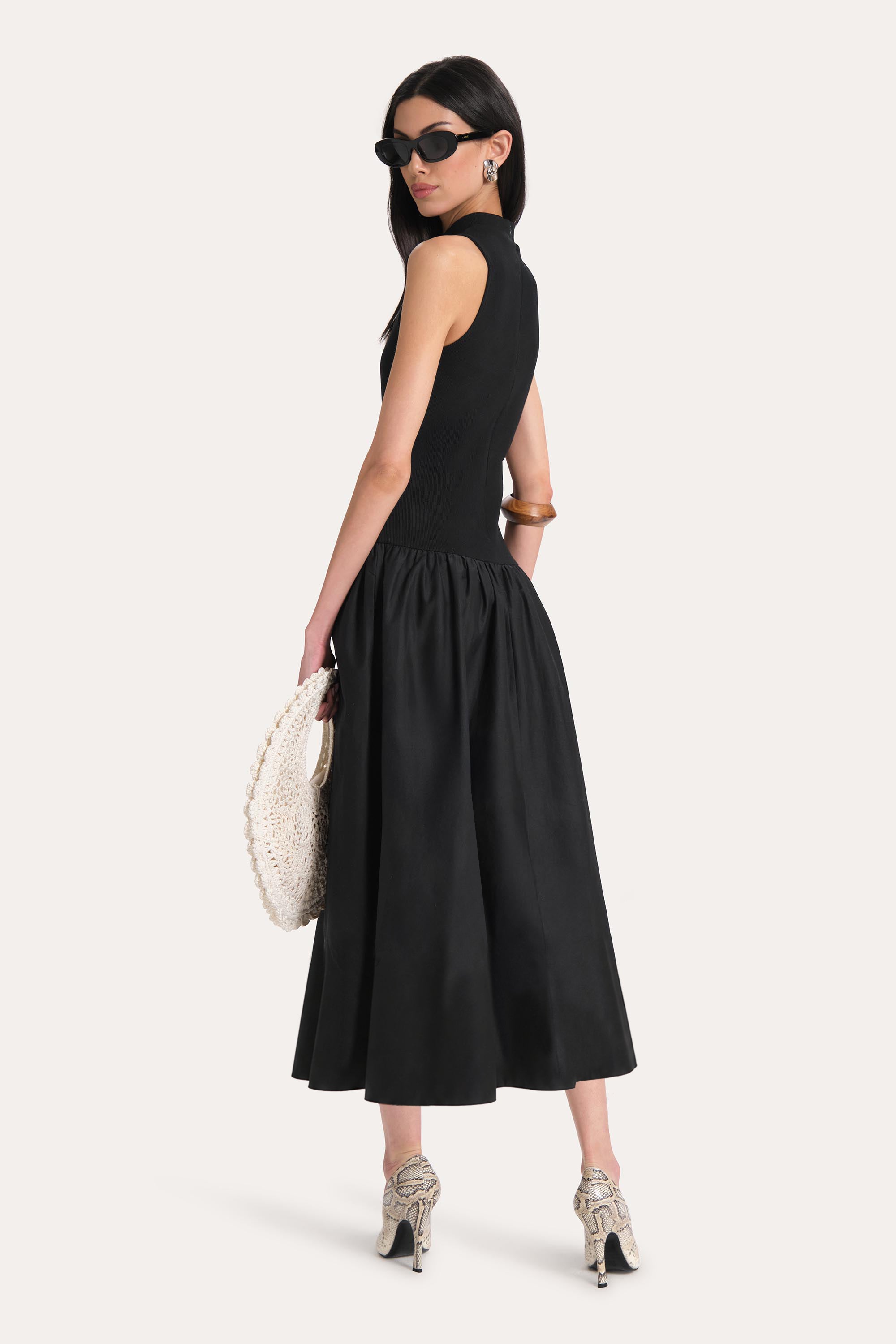 Elie Tahari Esme Cotton Poplin Ribbed sukienka wieczorowa midi czarna