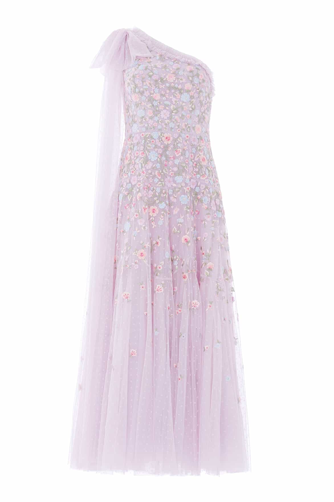 Needle & Thread Sylvia Rose One-Shoulder Bow Ankle Gown sukienka fioletowa haftowana