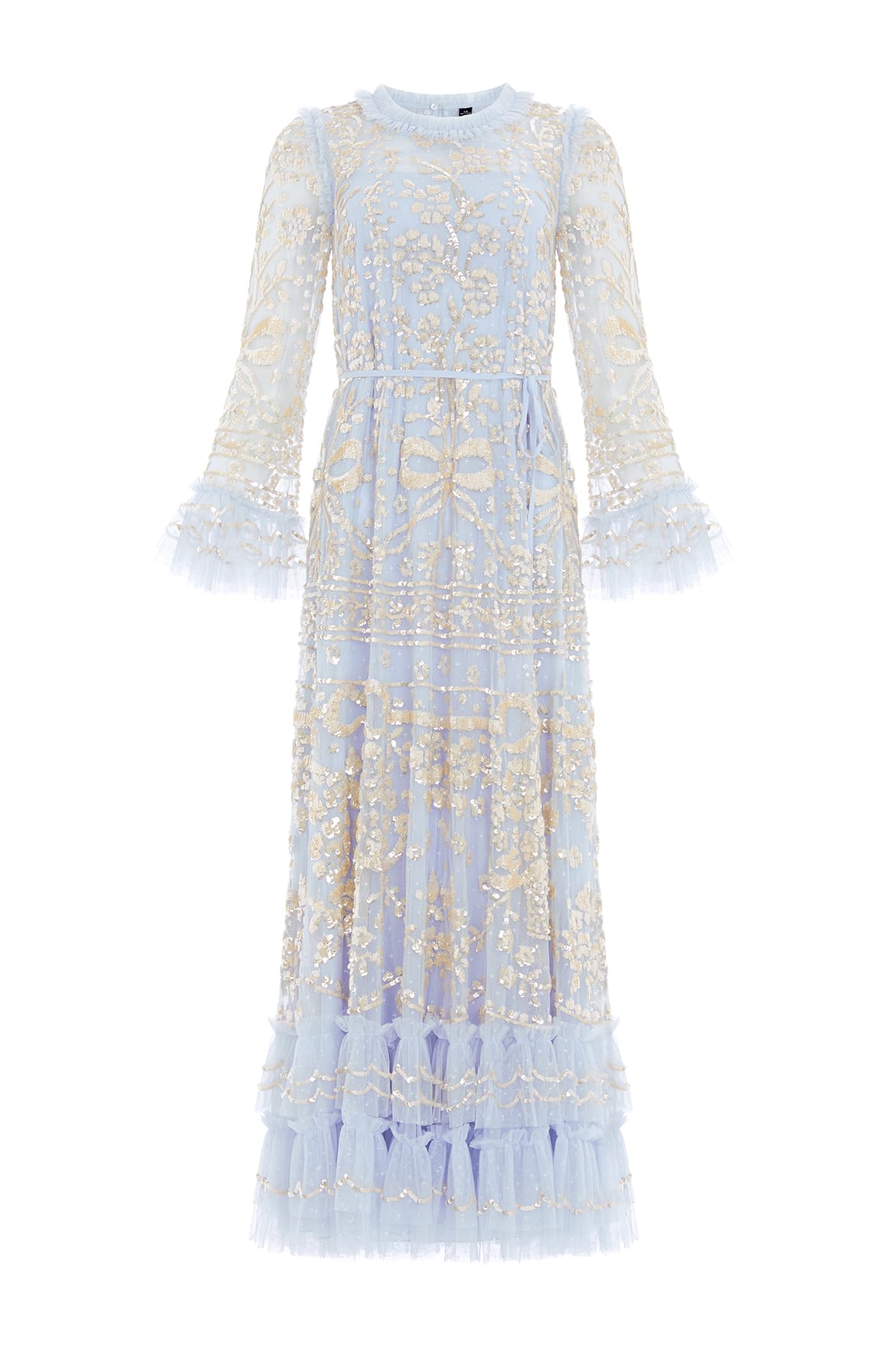 Needle & Thread Celia Long Sleeve Ankle Gown sukienka niebieska cekinowa