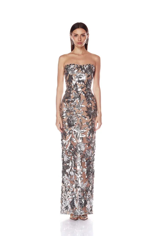 Bronx and Banco Dahlia Dark Silver Maxi sukienka cekinowa
