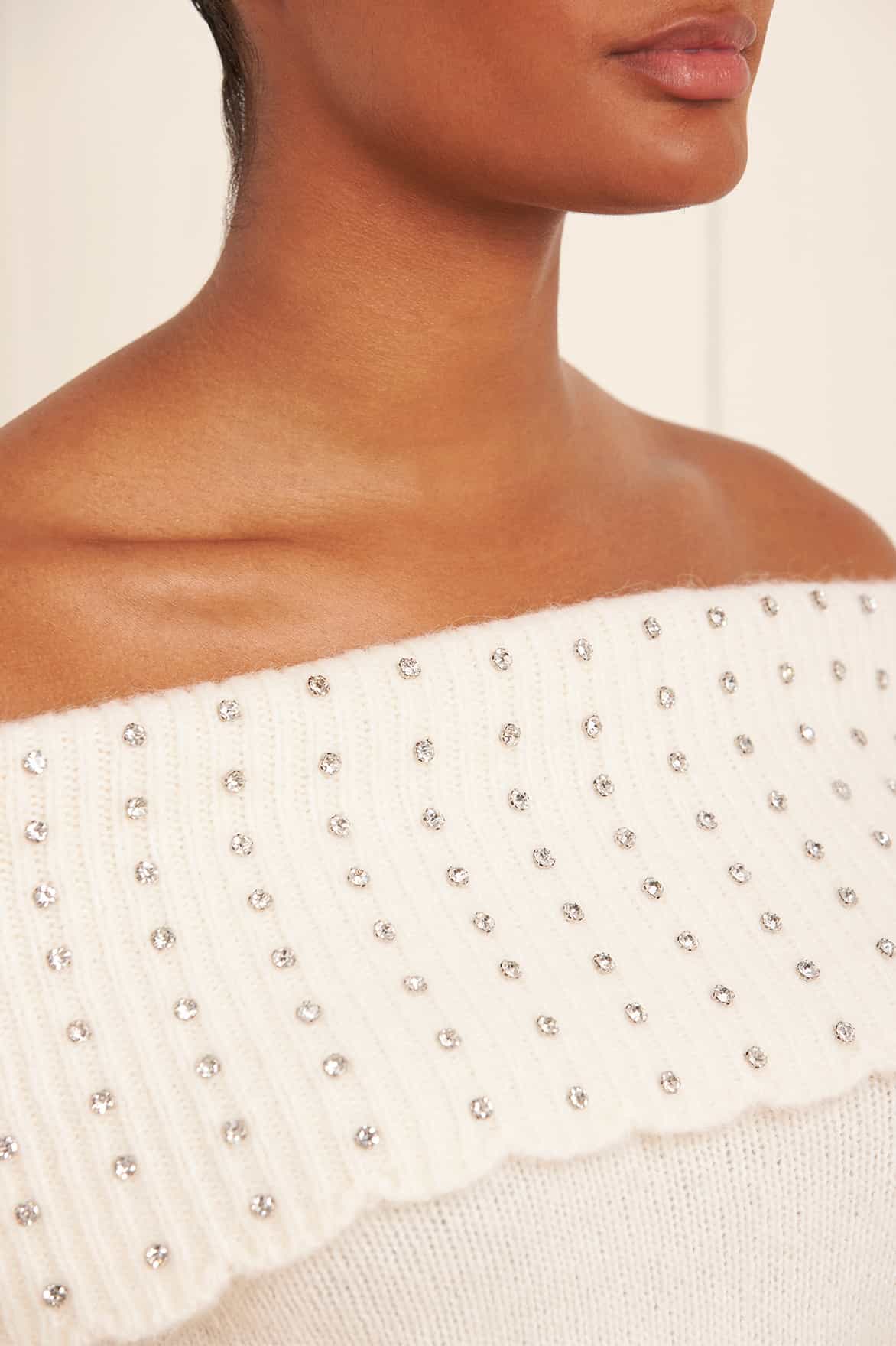 Needle & Thread Embellished Bardot Jumper sweter kremowy alpaka