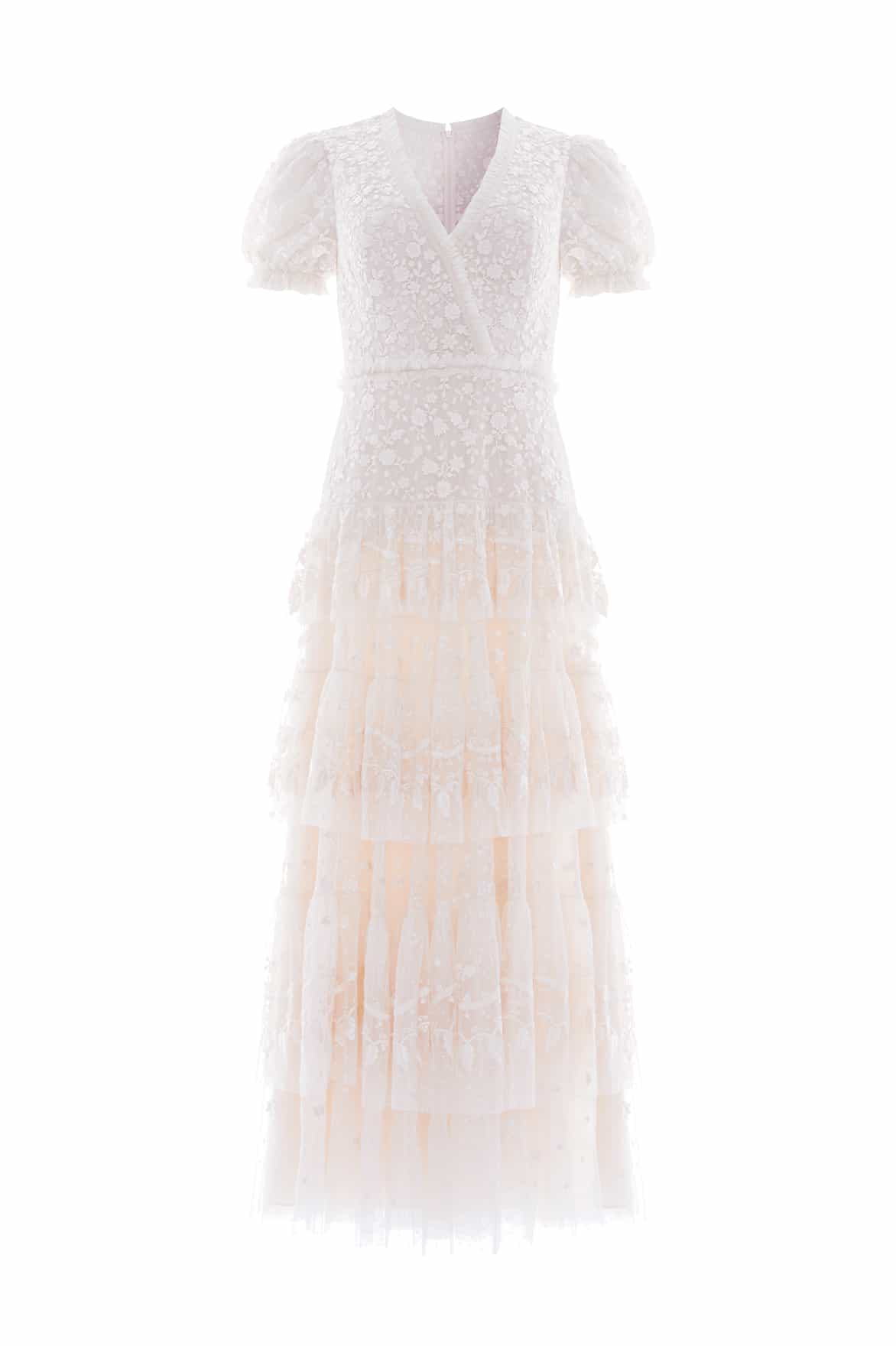 Needle & Thread Layered Lace Ankle Gown sukienka kremowa koronkowa