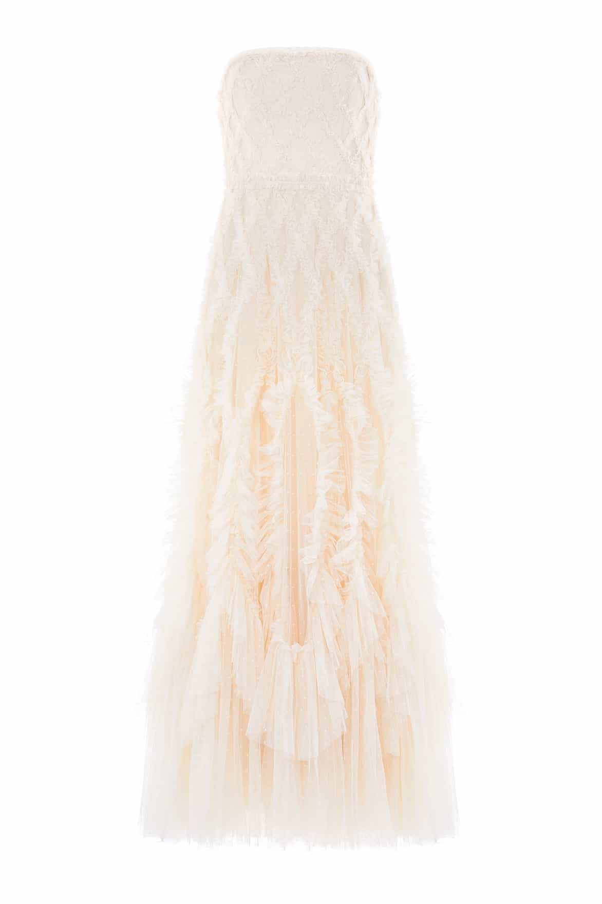 Needle & Thread Rosella Ruffle Strapless suknia wieczorowa cream gorsetowa