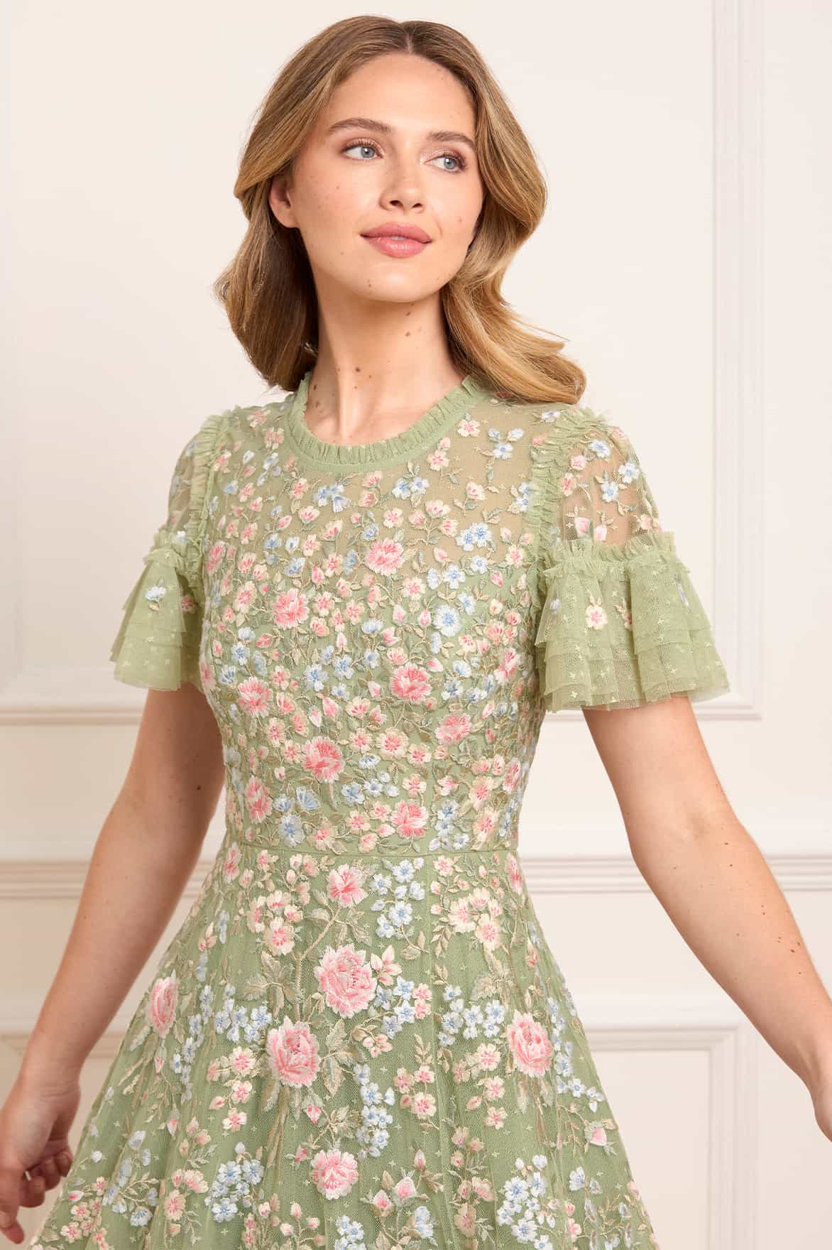 Needle & Thread Antoinettes Floral Round Neck Ankle Gown sukienka zielona haft