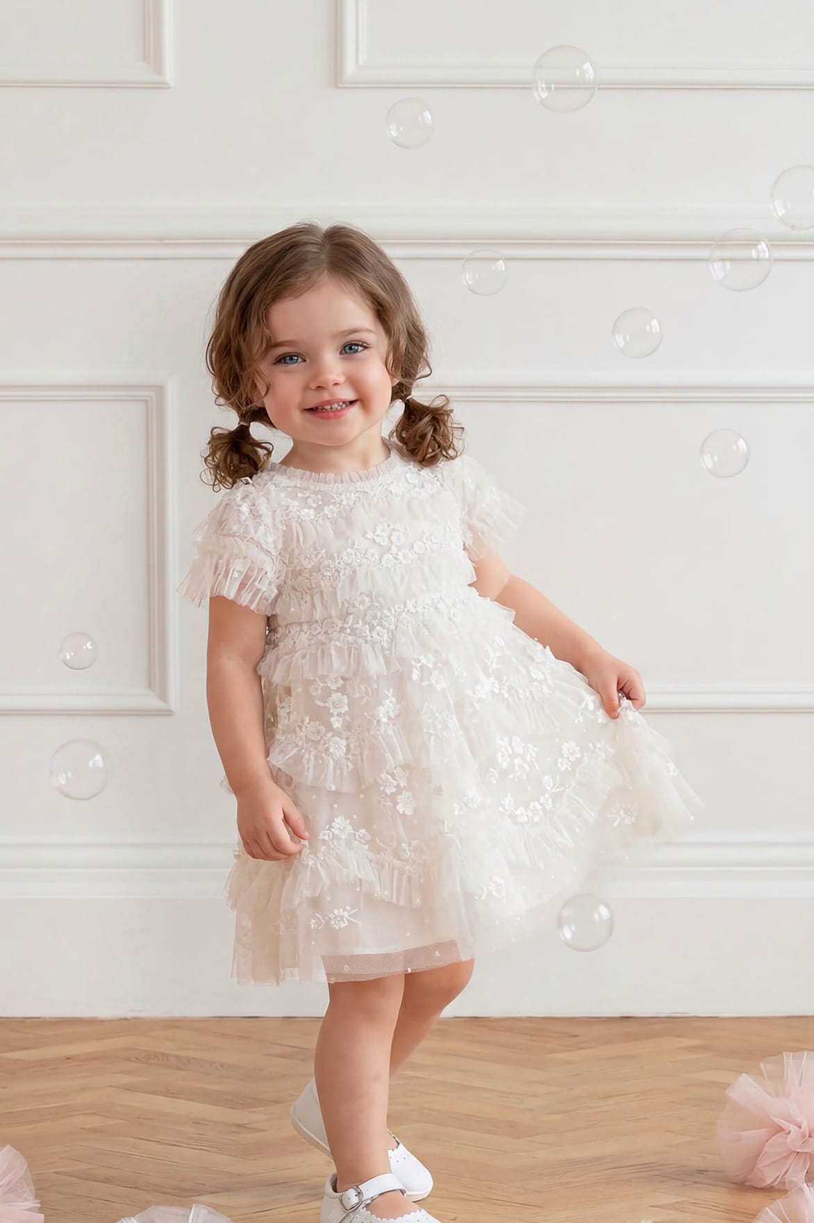 Needle & Thread Daisy Wave Baby sukienka niemowlęca Cream haftowana