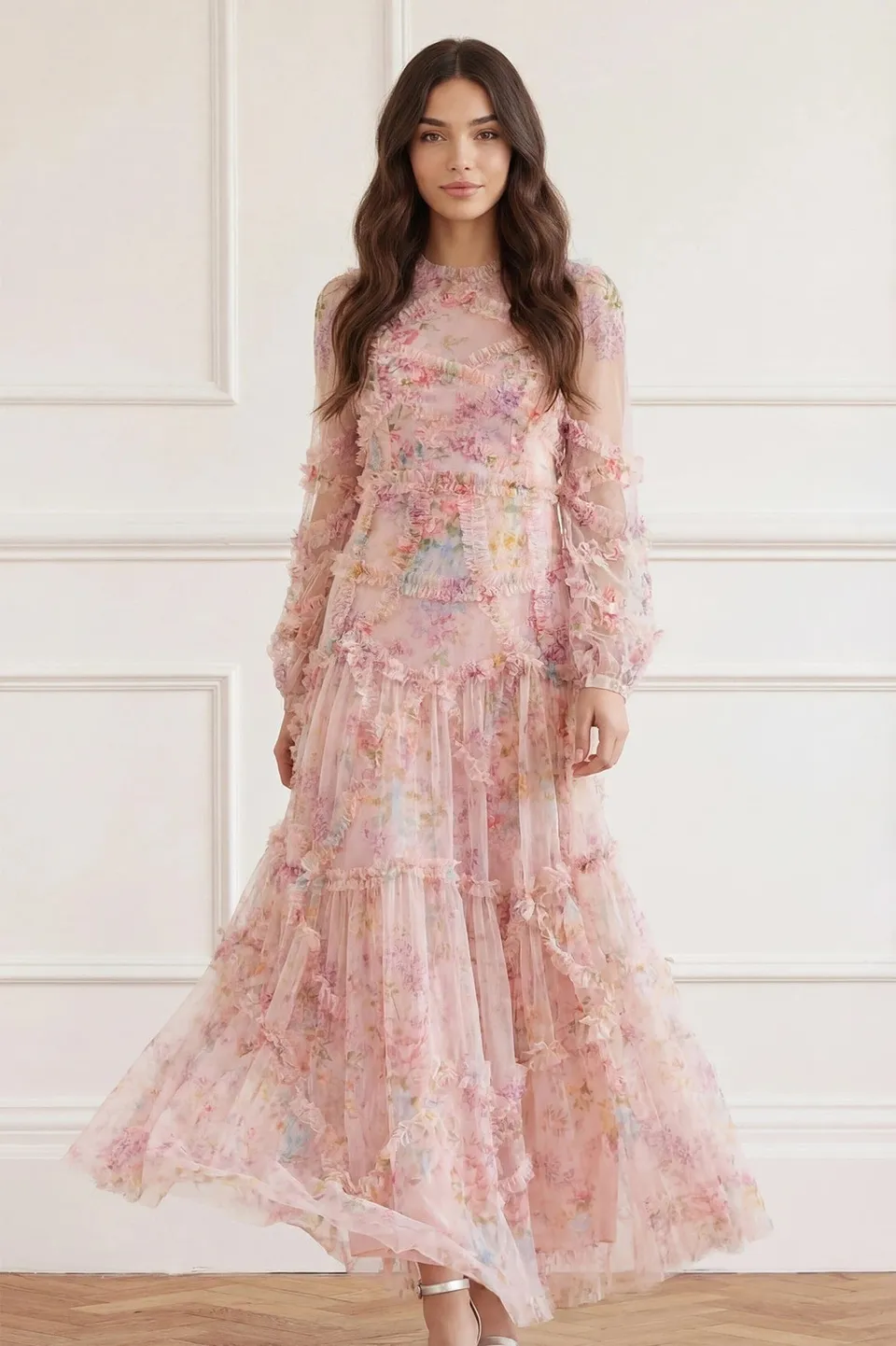 Needle & Thread Floral Diamond Ruffle Gown suknia kwiatowa