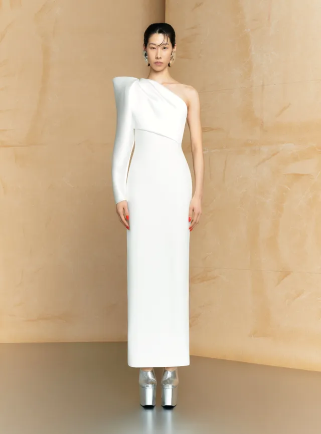 Solace London Tally sukienka maxi Cream ślubna jedno ramię