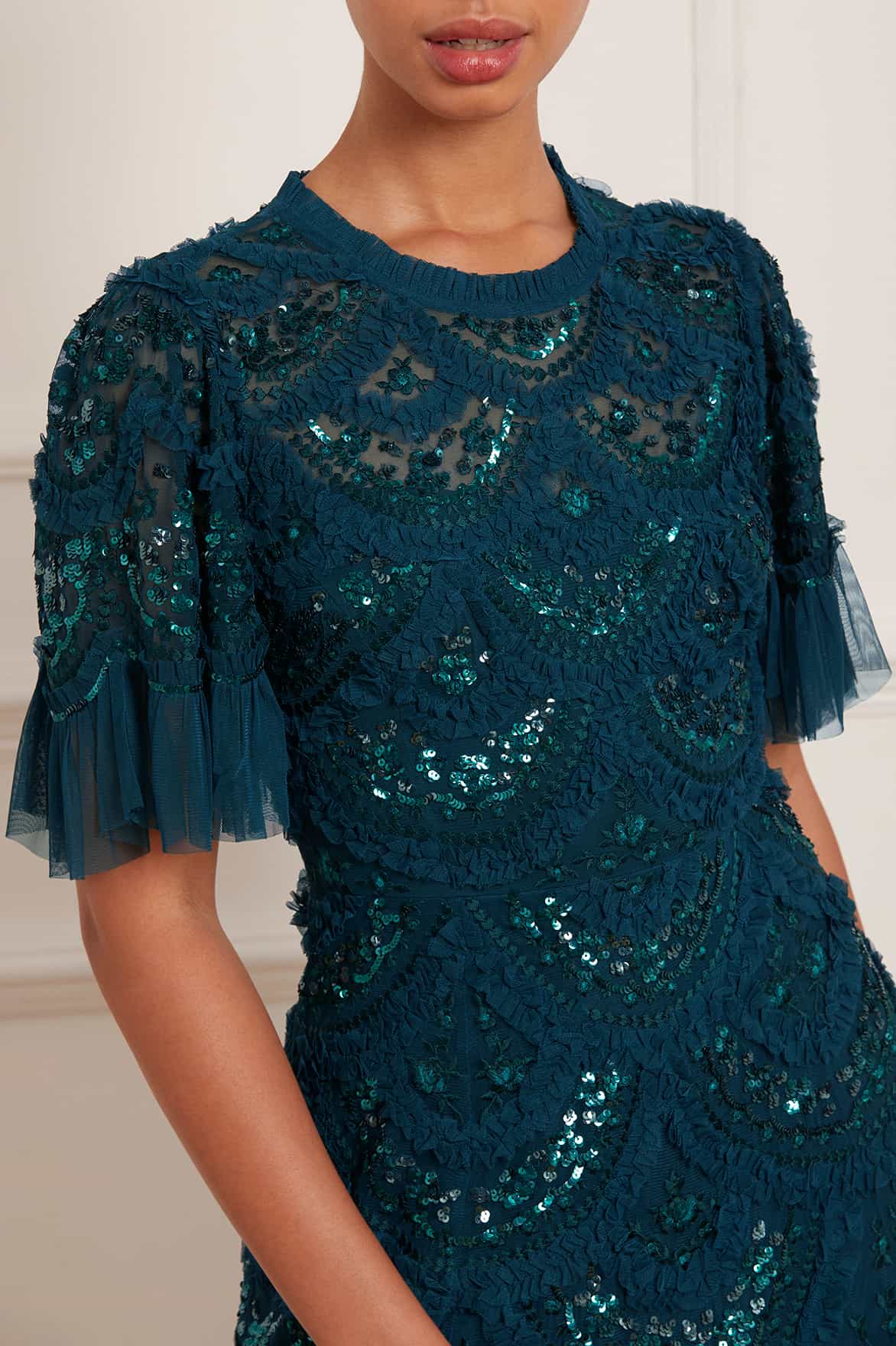 Needle & Thread Carmen Ruffle Ankle Gown sukienka zielona