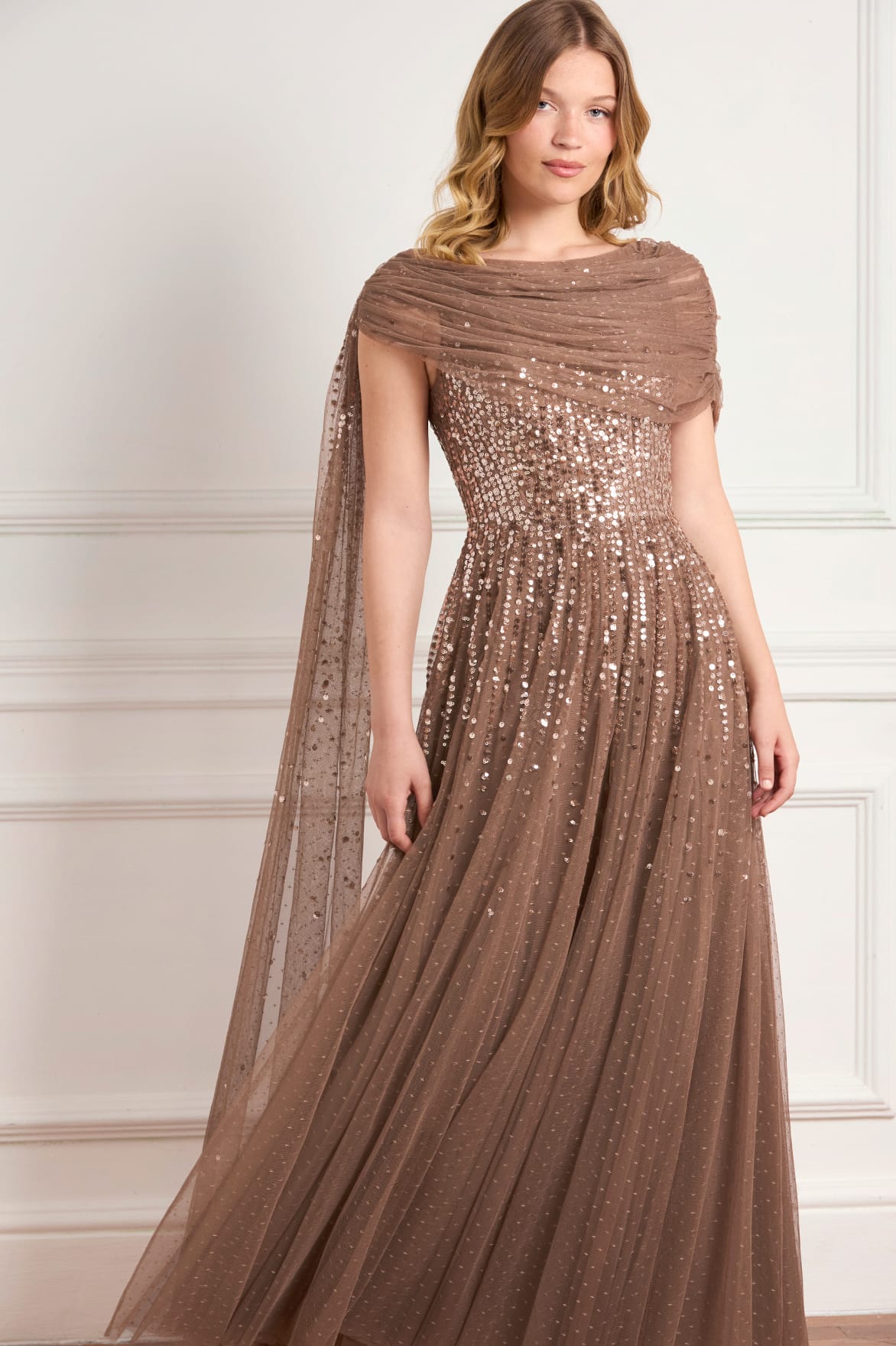 Needle & Thread Moonlight Draped suknia brązowa maxi